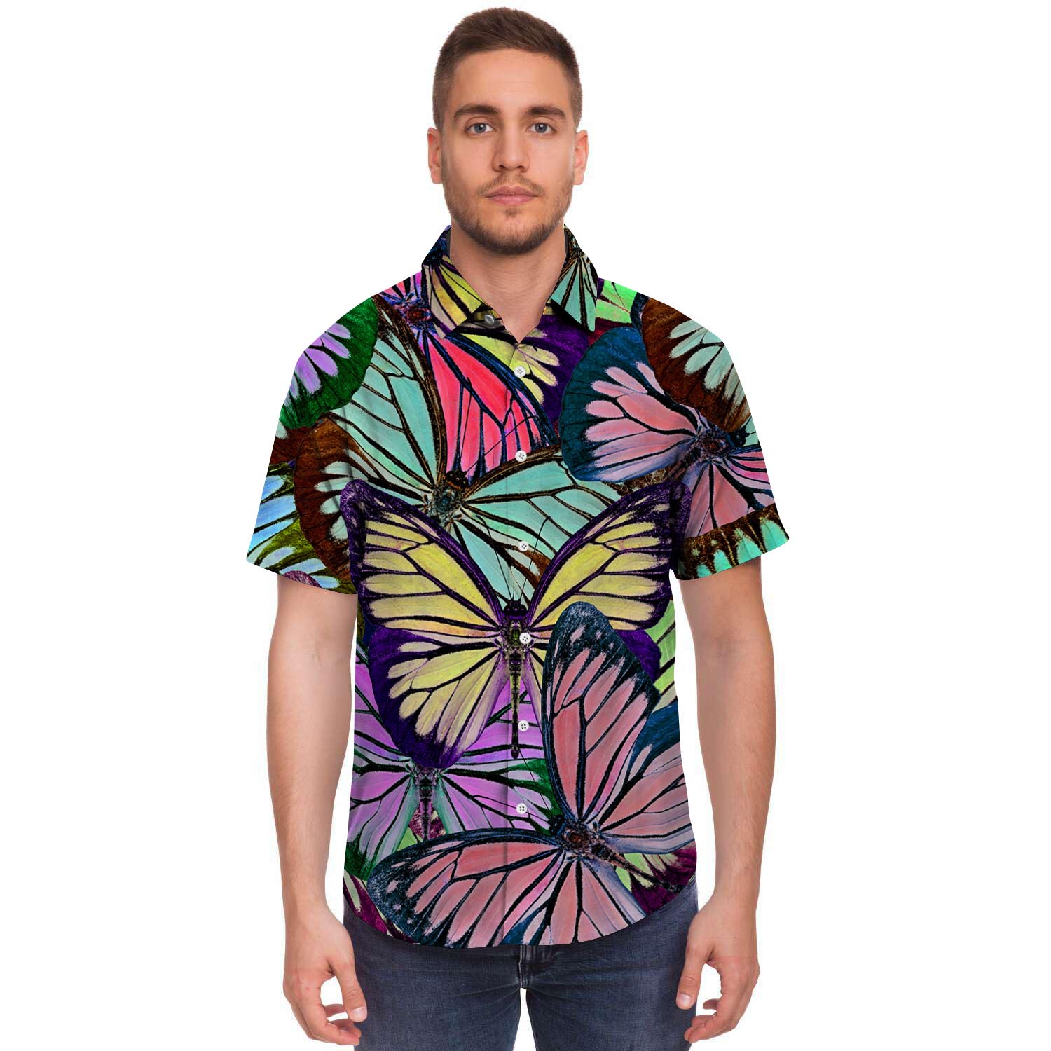 Colorful Butterfly Print Men's Short Sleeve Shirt-grizzshop