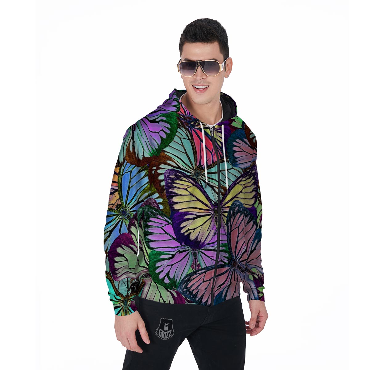 Colorful Butterfly Print Men's Zip Up Hoodie-grizzshop
