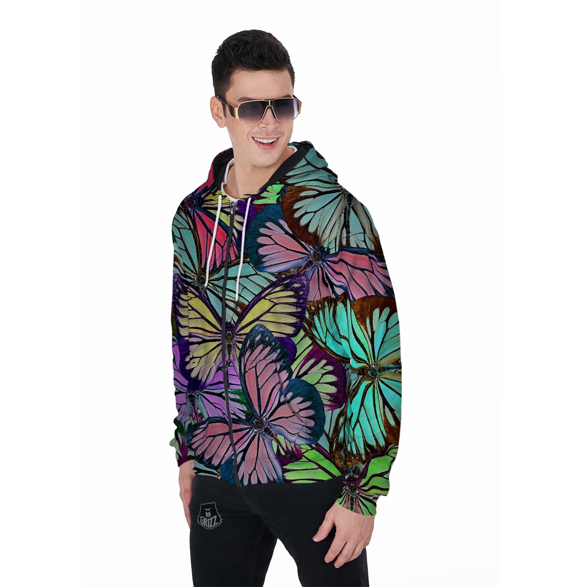 Colorful Butterfly Print Men's Zip Up Hoodie-grizzshop