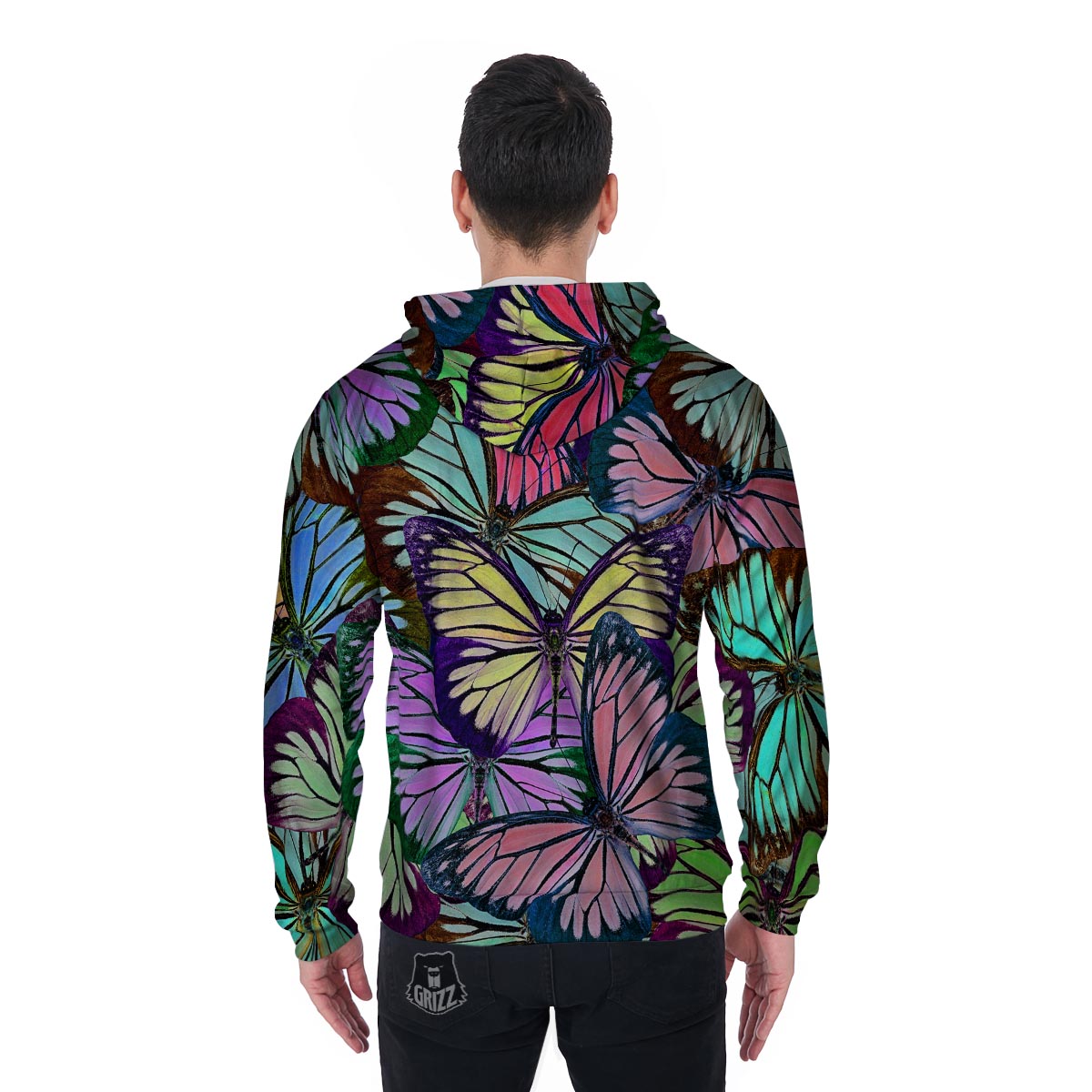 Colorful Butterfly Print Men's Zip Up Hoodie-grizzshop