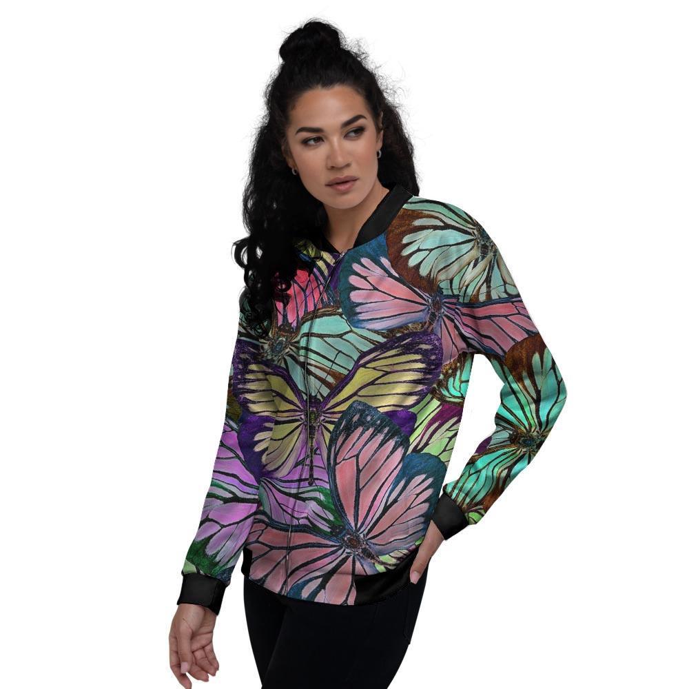 Colorful Butterfly Print Women's Bomber Jacket-grizzshop