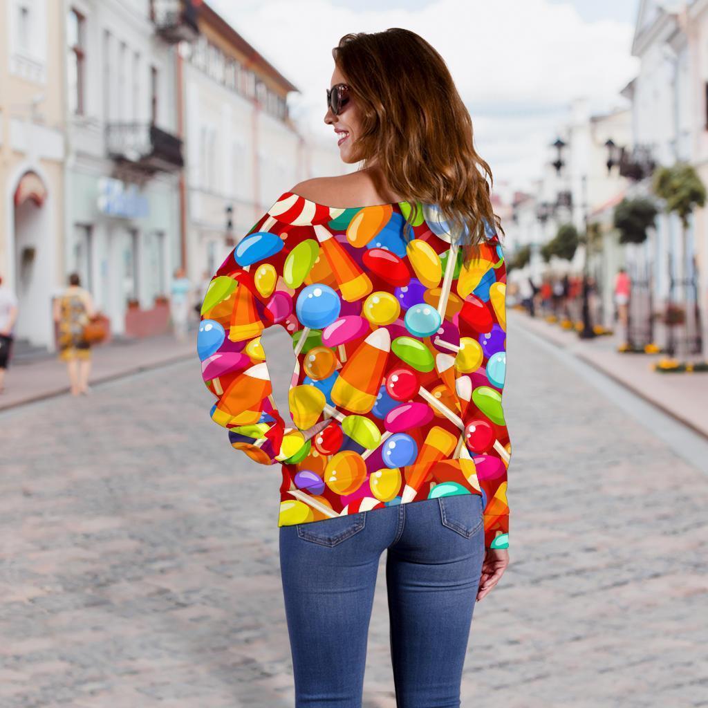 Colorful Candy Pattern Print Women Off Shoulder Sweatshirt-grizzshop