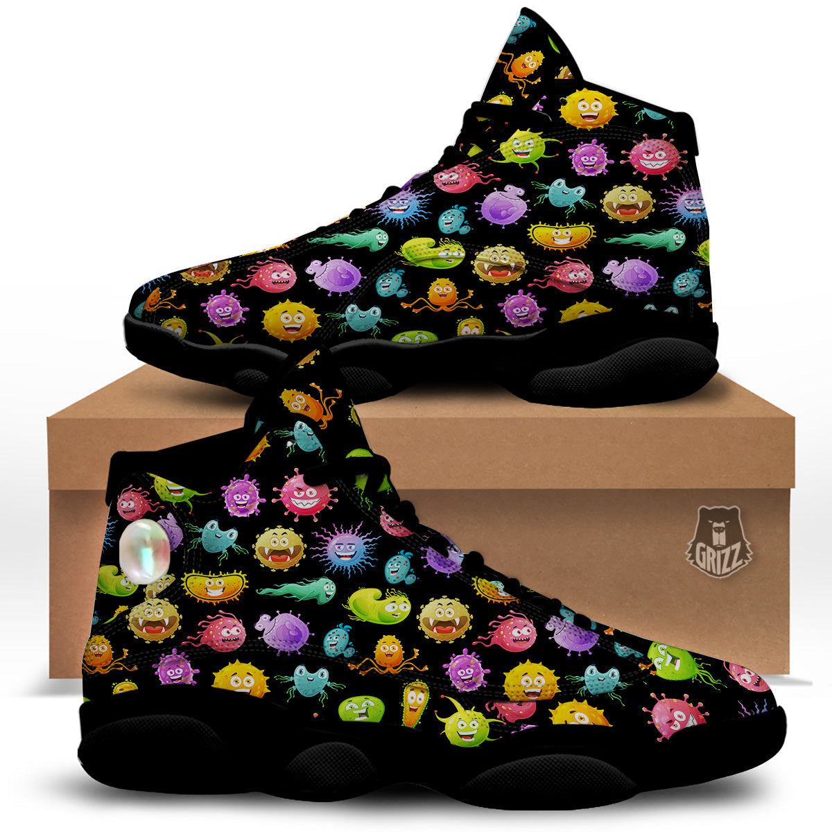 Colorful Cartoon Viruses Print Pattern Black Basketball Shoes-grizzshop