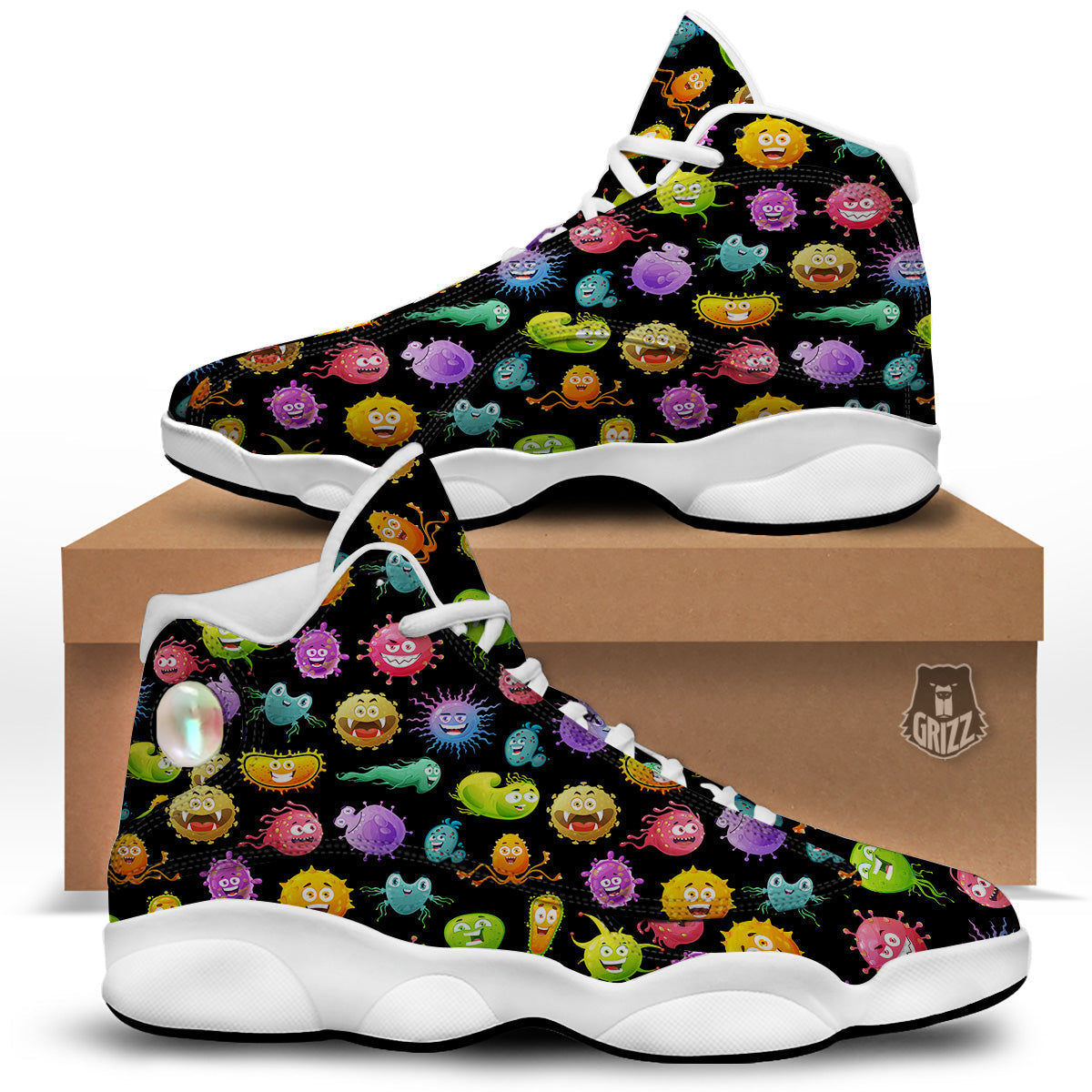 Colorful Cartoon Viruses Print Pattern White Basketball Shoes-grizzshop
