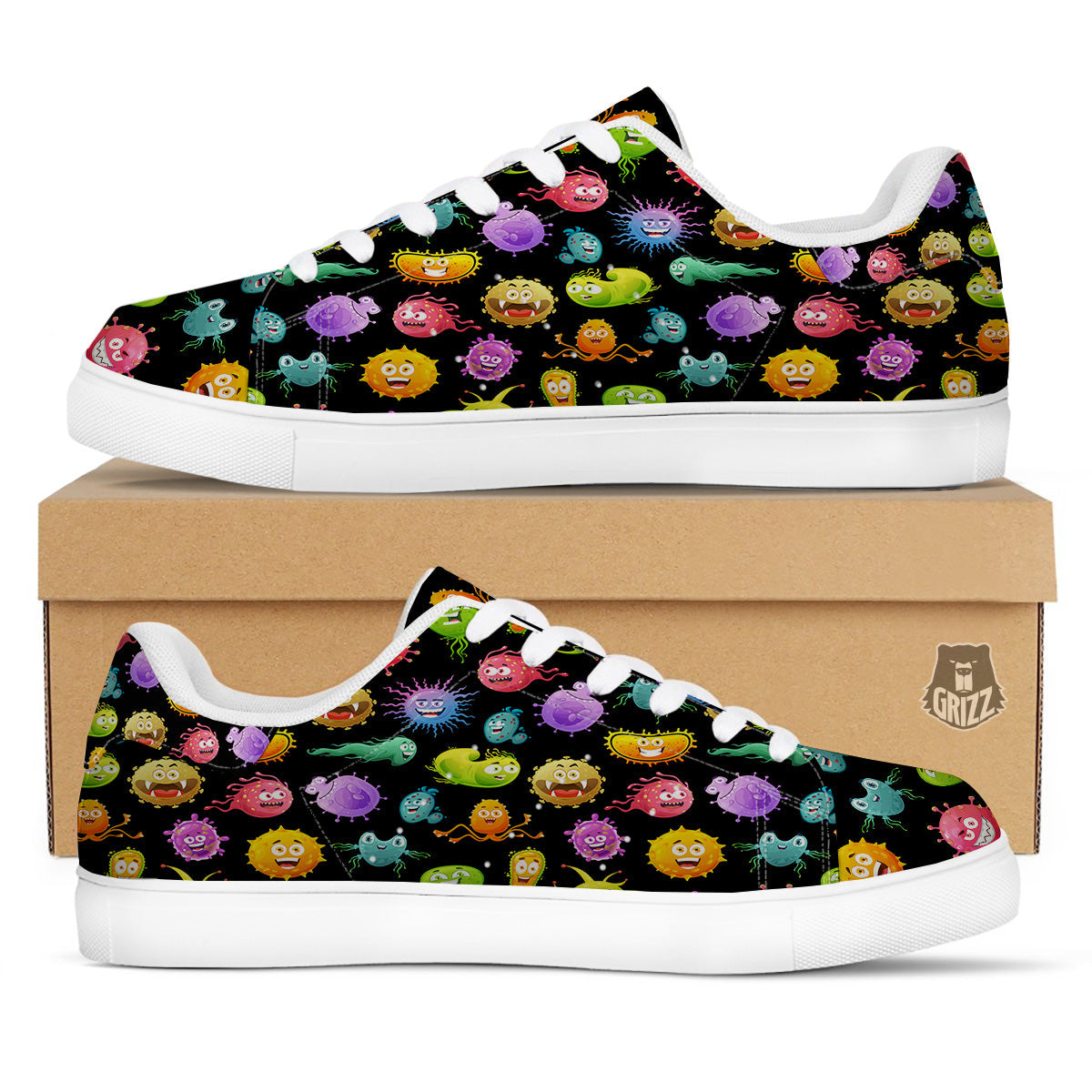 Colorful Cartoon Viruses Print Pattern White Low Top Sneakers-grizzshop
