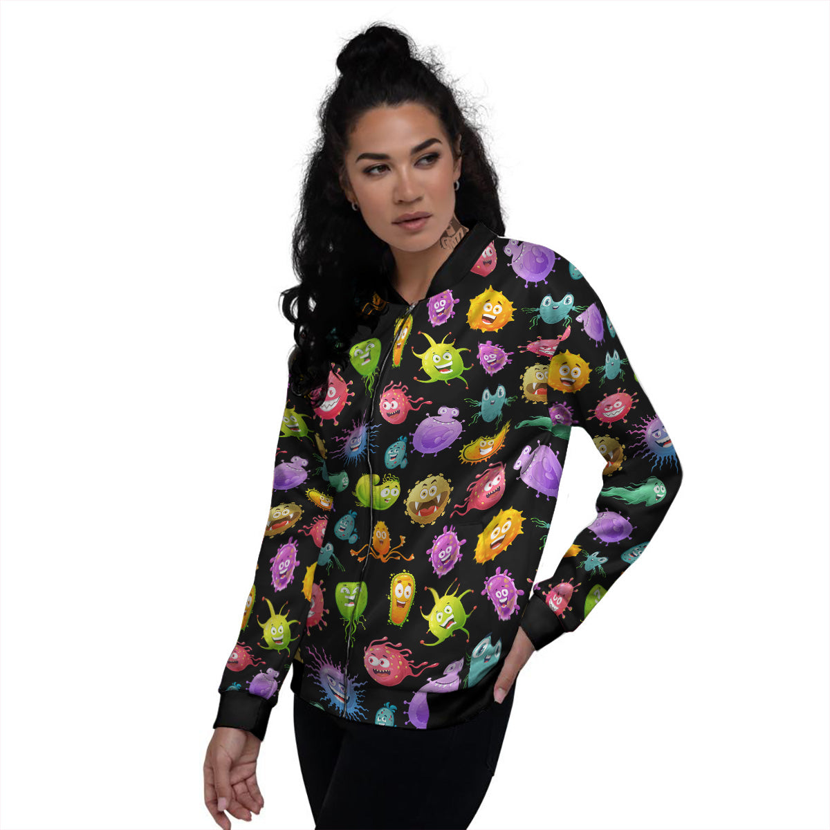 Colorful Cartoon Viruses Print Pattern Women's Bomber Jacket-grizzshop