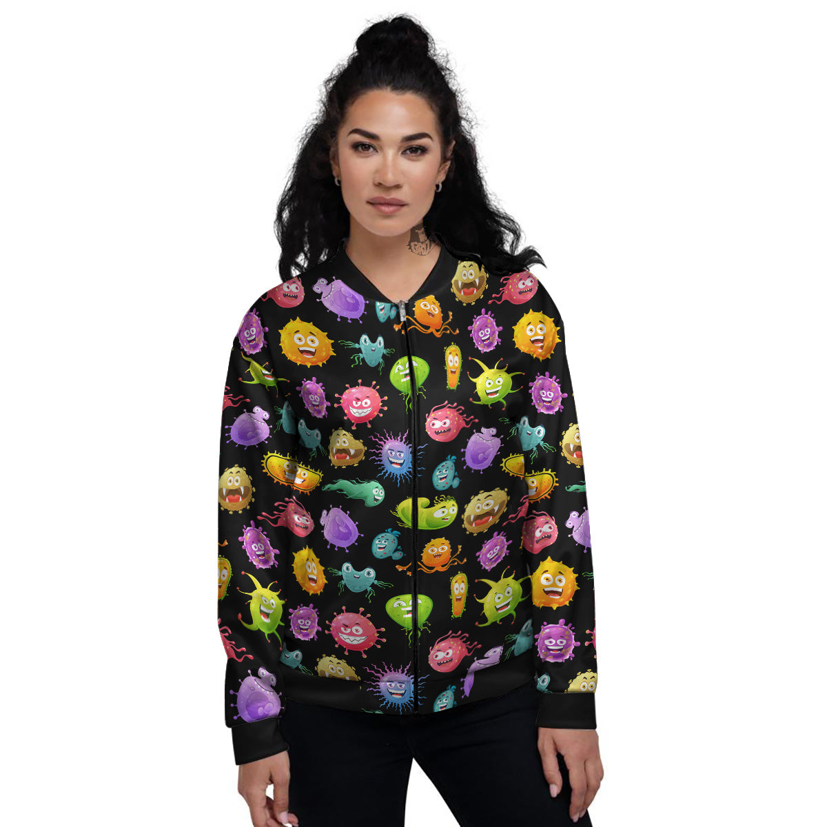 Colorful Cartoon Viruses Print Pattern Women's Bomber Jacket-grizzshop
