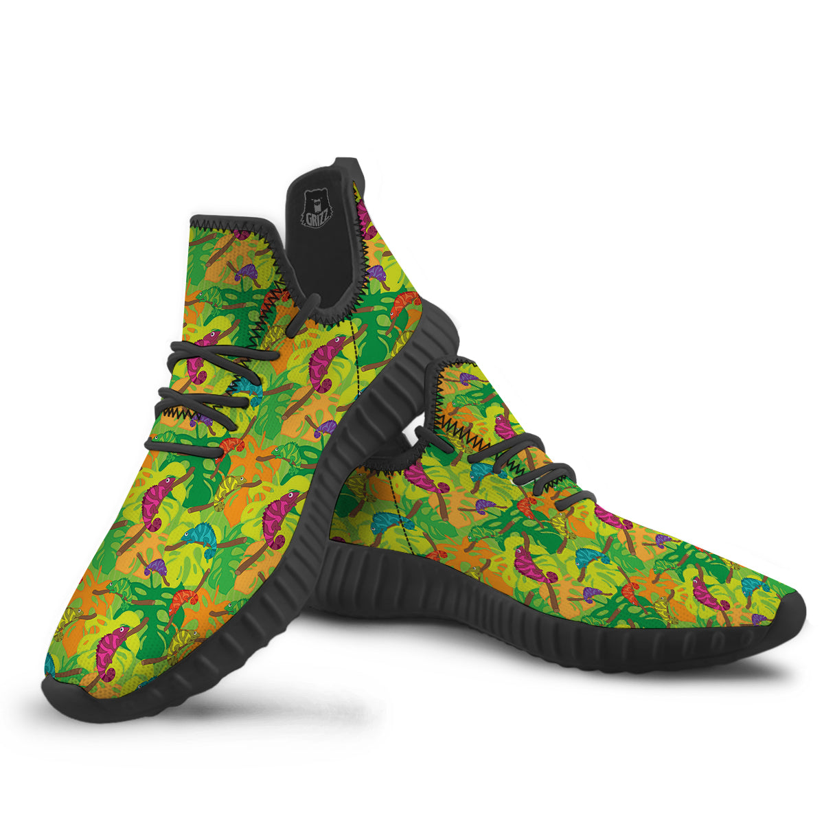 Colorful Chamaleon And Monstera Tropic Leave Print Pattern Black Walking Shoes-grizzshop