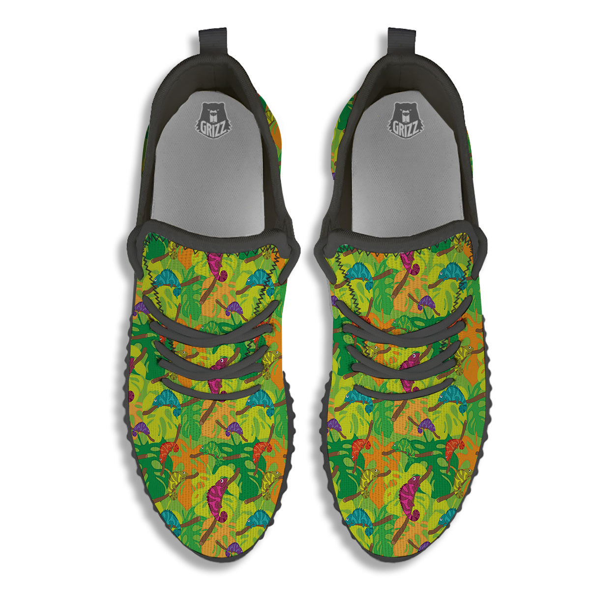Colorful Chamaleon And Monstera Tropic Leave Print Pattern Black Walking Shoes-grizzshop