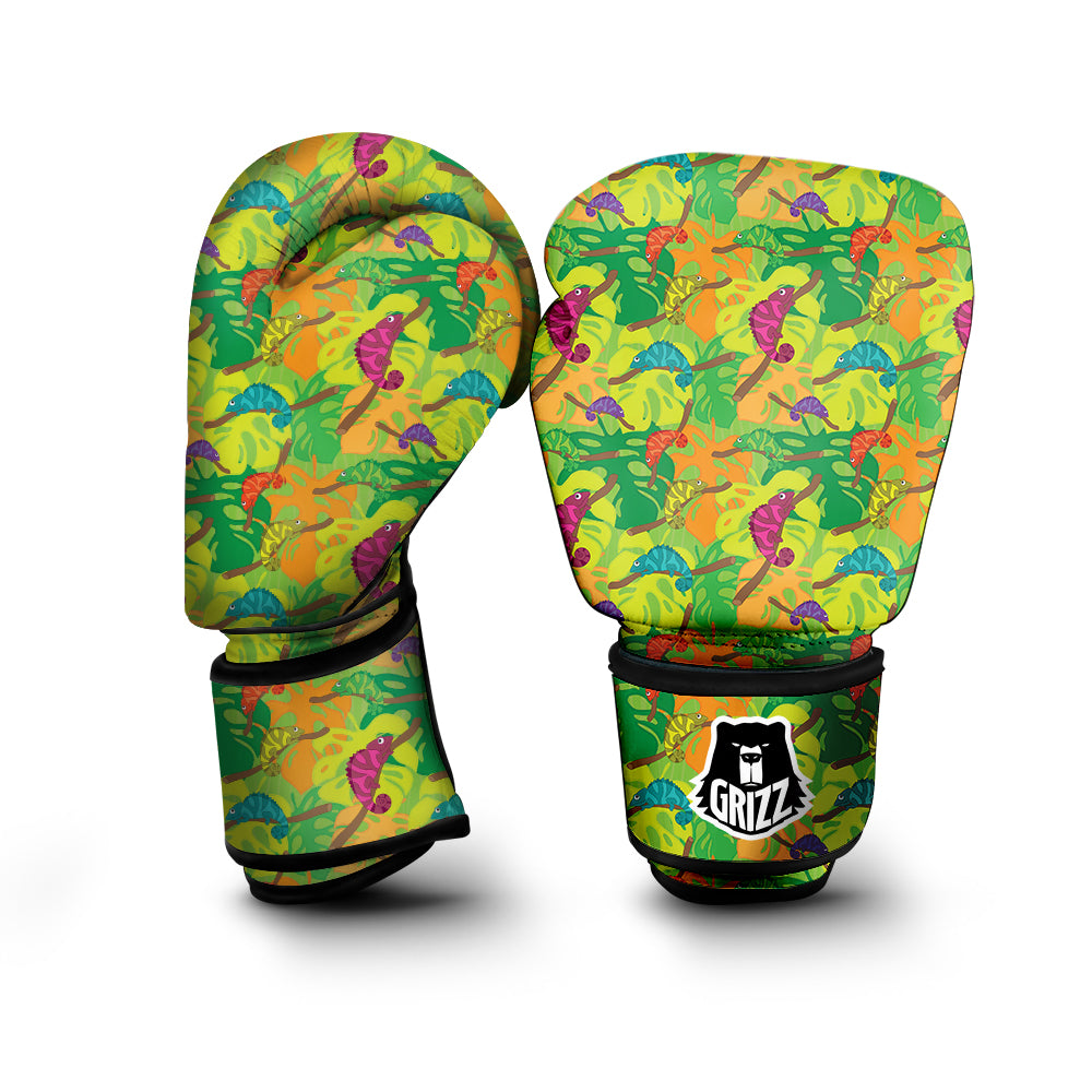 Colorful Chamaleon And Monstera Tropic Leave Print Pattern Boxing Gloves-grizzshop