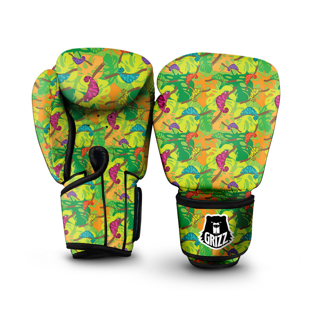 Colorful Chamaleon And Monstera Tropic Leave Print Pattern Boxing Gloves-grizzshop