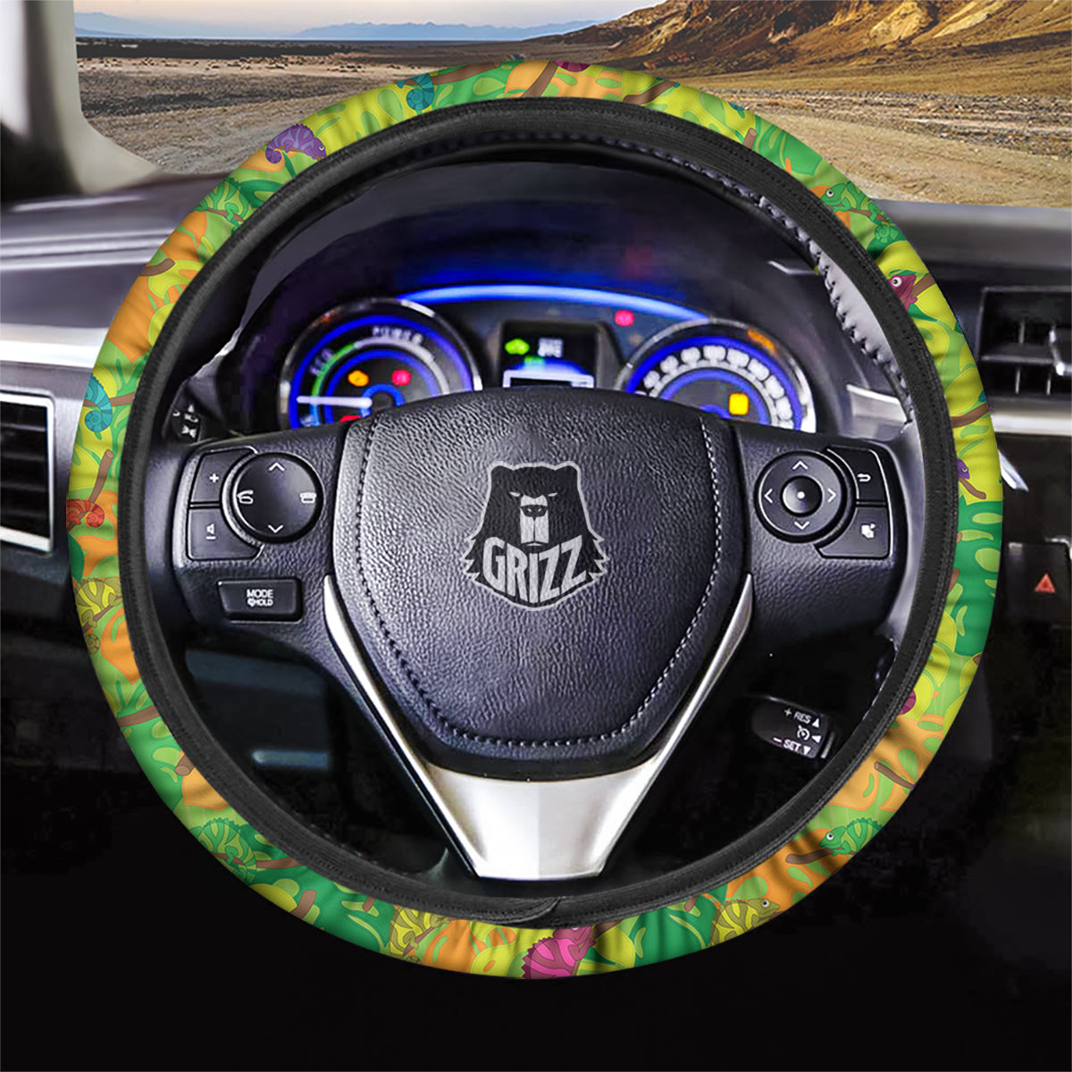 Colorful Chamaleon And Monstera Tropic Leave Print Pattern Car Steering Wheel Cover-grizzshop