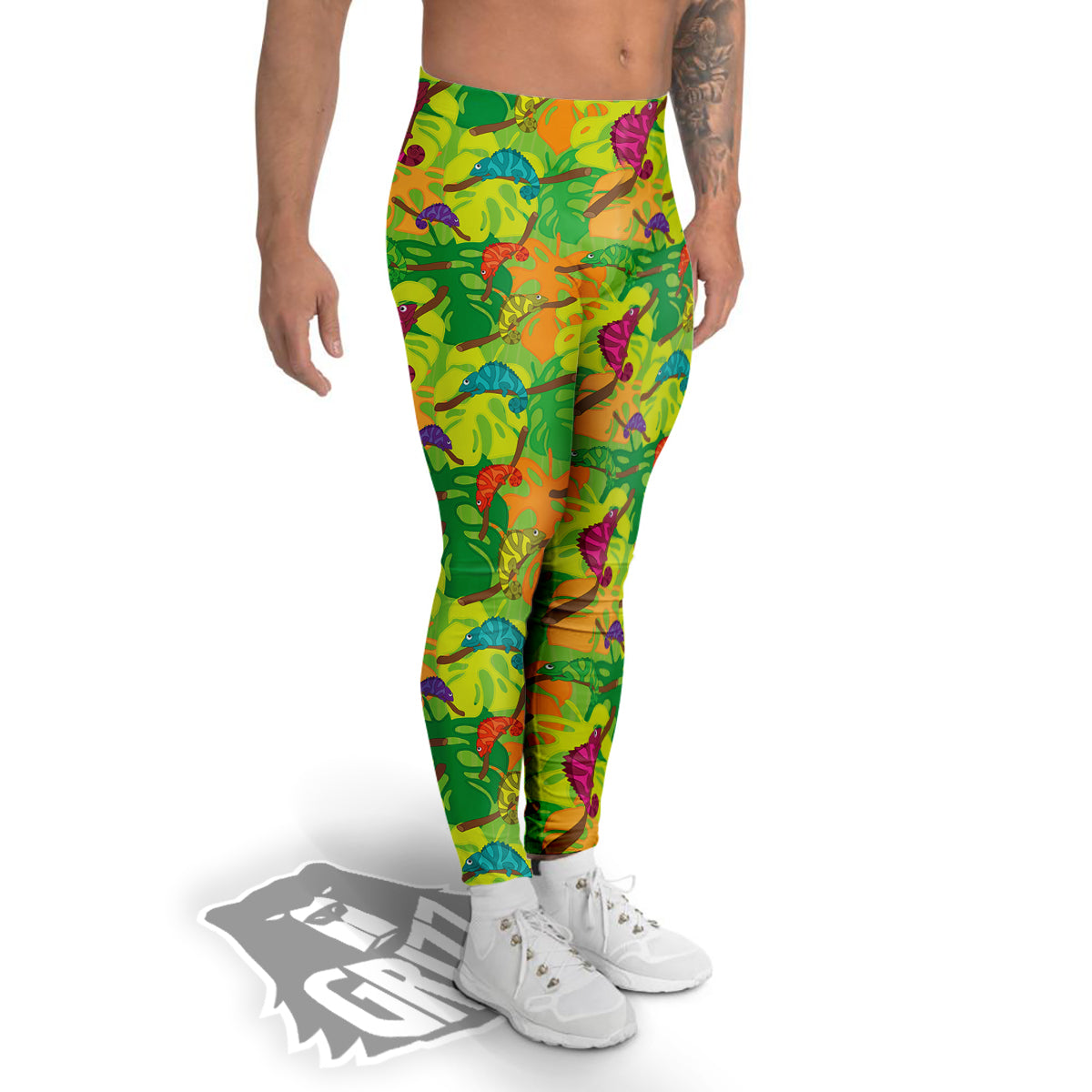 Colorful Chamaleon And Monstera Tropic Leave Print Pattern Men's Leggings-grizzshop