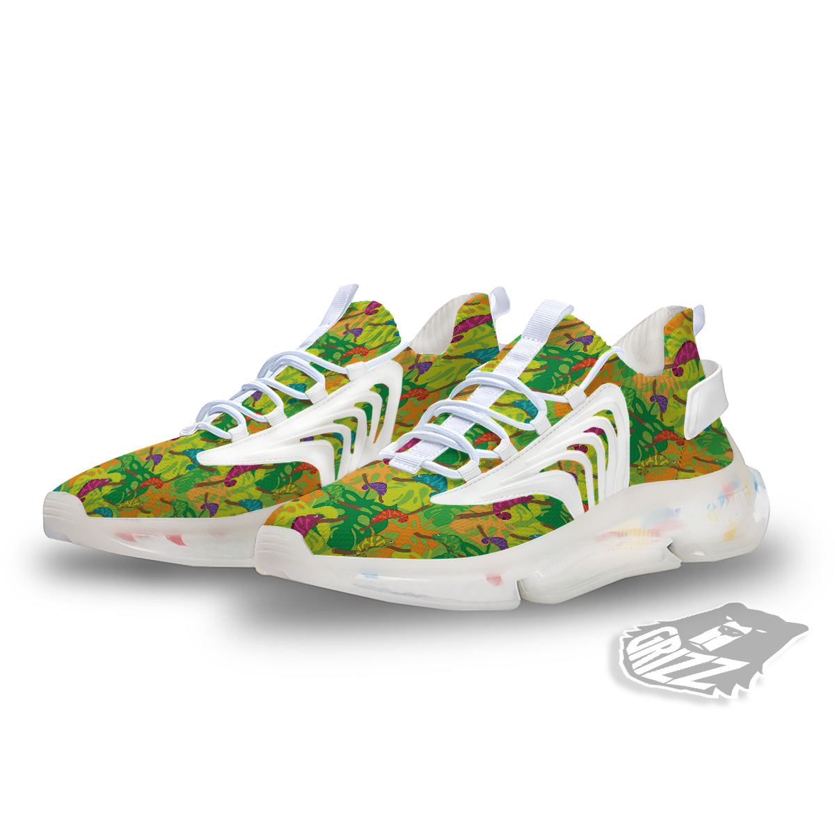 Colorful Chamaleon And Monstera Tropic Leave Print Pattern White Gym Shoes-grizzshop