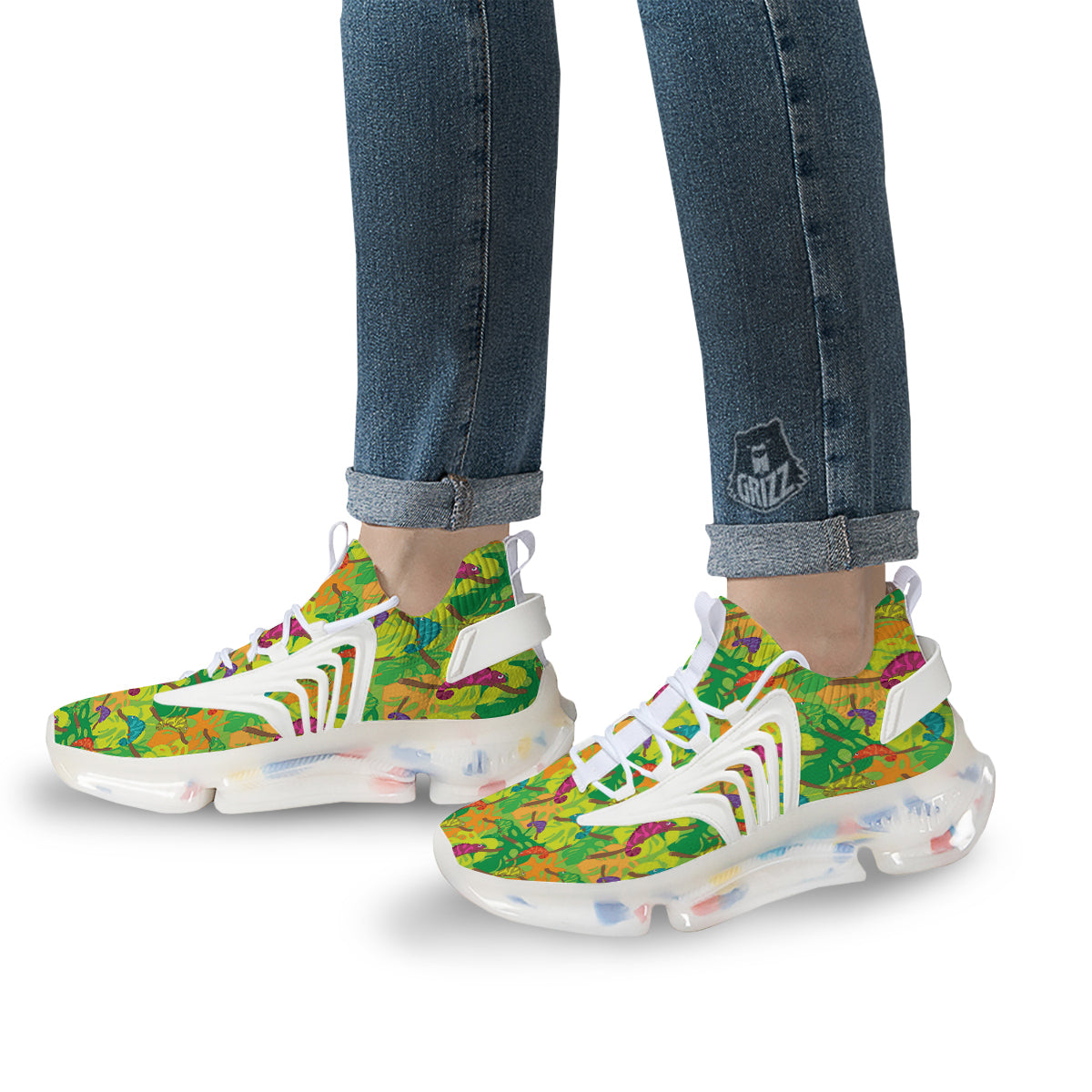 Colorful Chamaleon And Monstera Tropic Leave Print Pattern White Gym Shoes-grizzshop