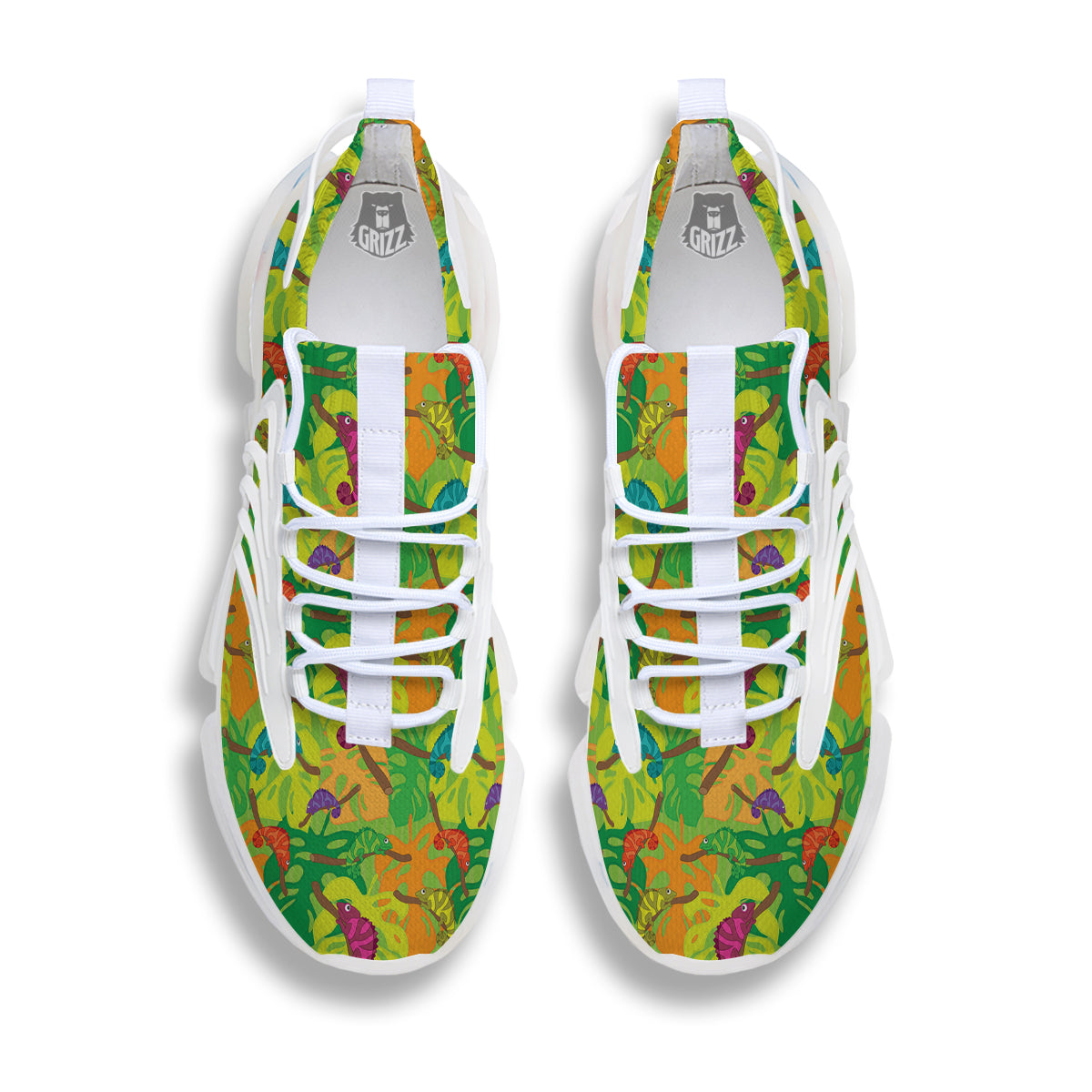 Colorful Chamaleon And Monstera Tropic Leave Print Pattern White Gym Shoes-grizzshop