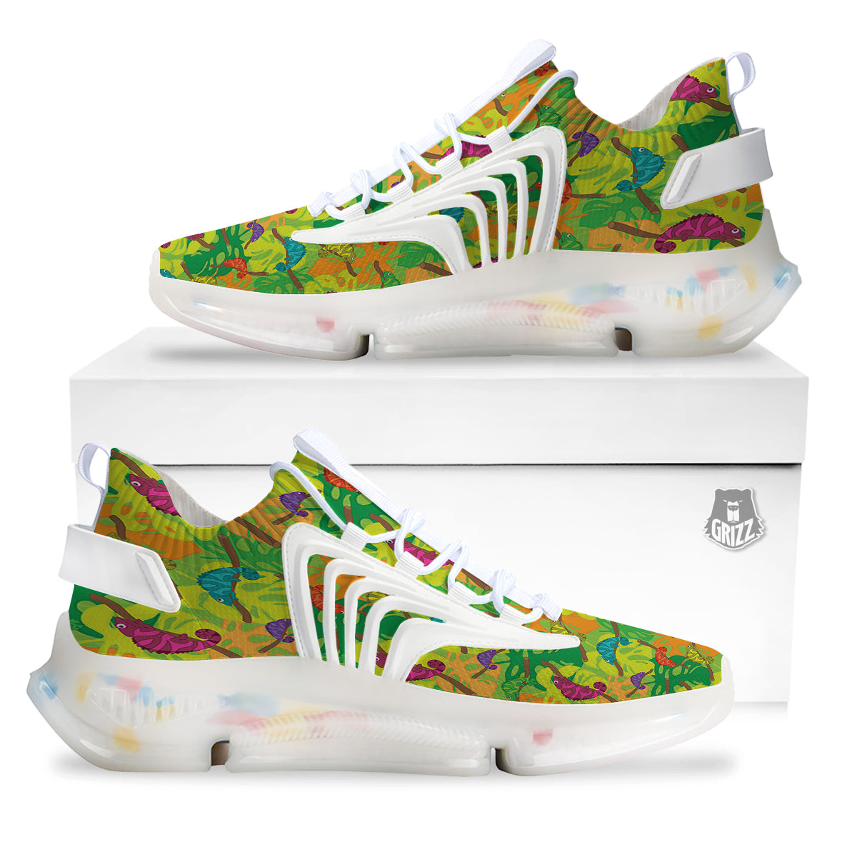 Colorful Chamaleon And Monstera Tropic Leave Print Pattern White Gym Shoes-grizzshop