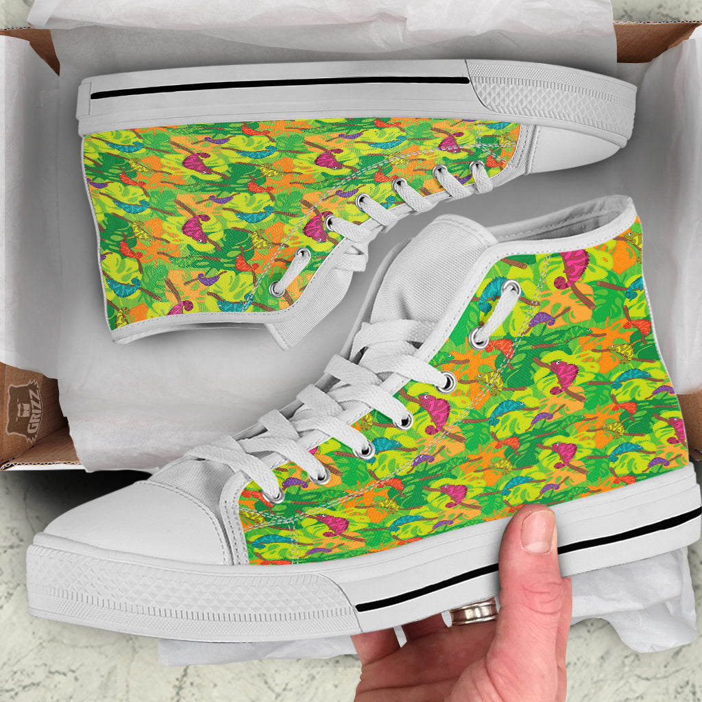 Colorful Chamaleon And Monstera Tropic Leave Print Pattern White High Top Shoes-grizzshop