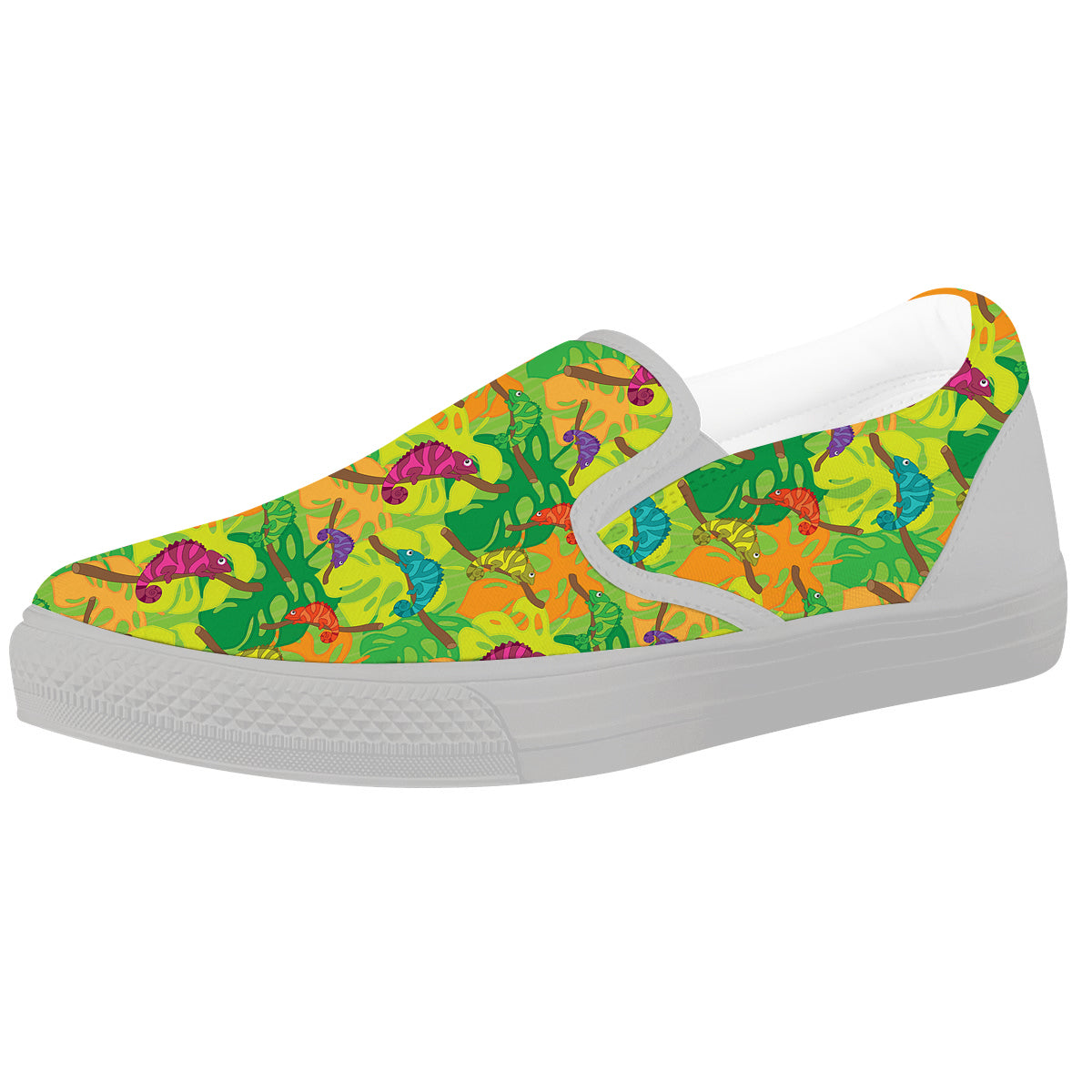 Colorful Chamaleon And Monstera Tropic Leave Print Pattern White Slip On Shoes-grizzshop
