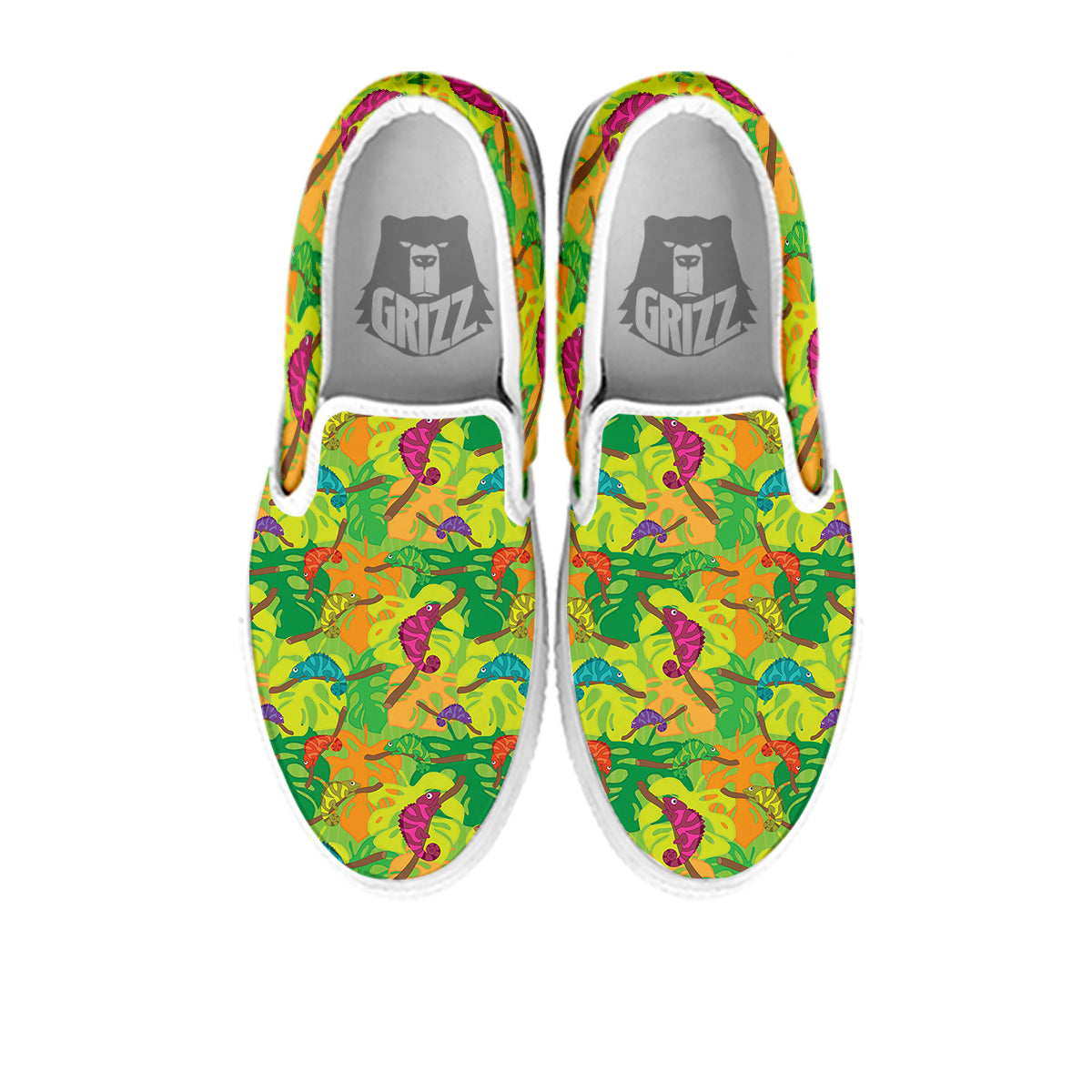 Colorful Chamaleon And Monstera Tropic Leave Print Pattern White Slip On Shoes-grizzshop