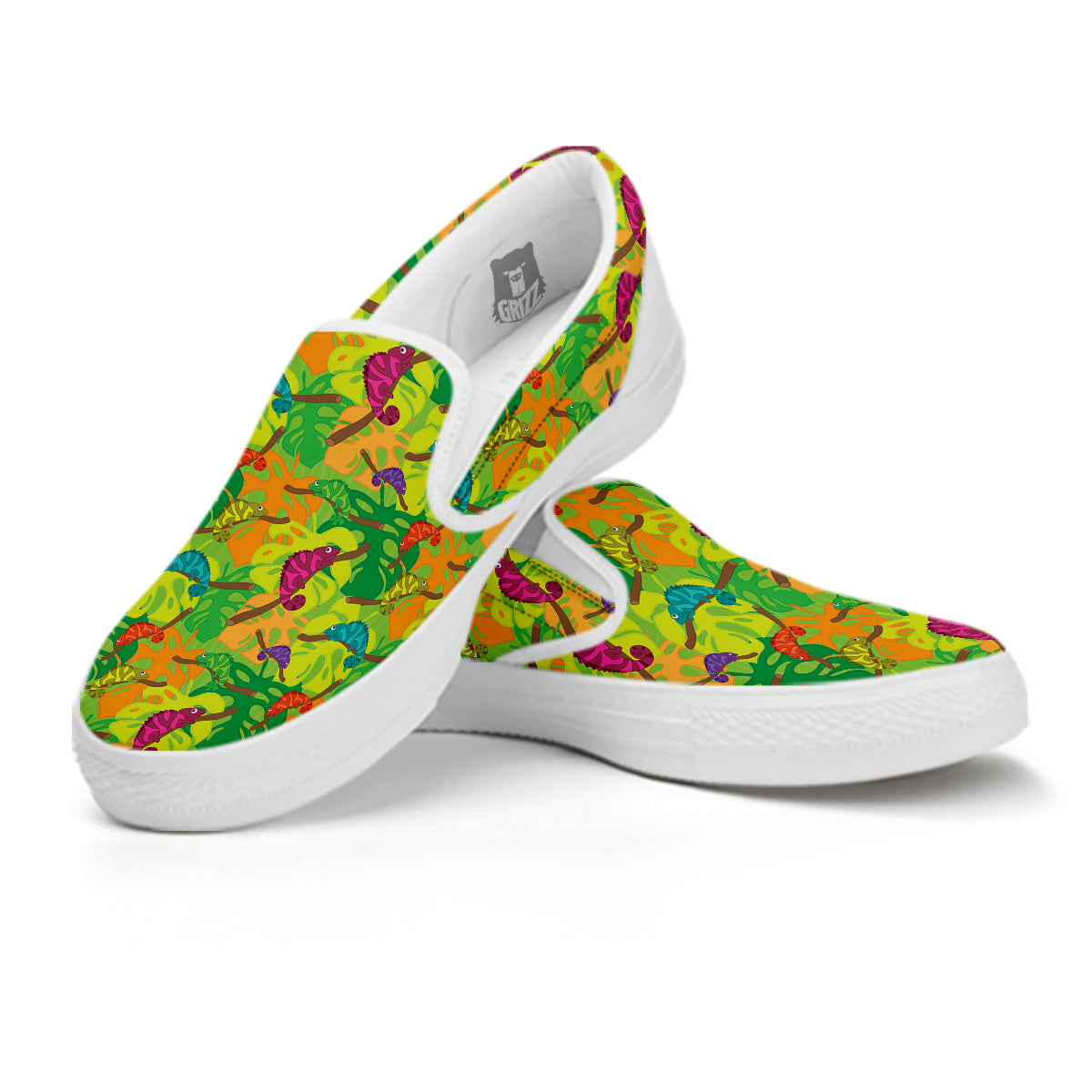 Colorful Chamaleon And Monstera Tropic Leave Print Pattern White Slip On Shoes-grizzshop