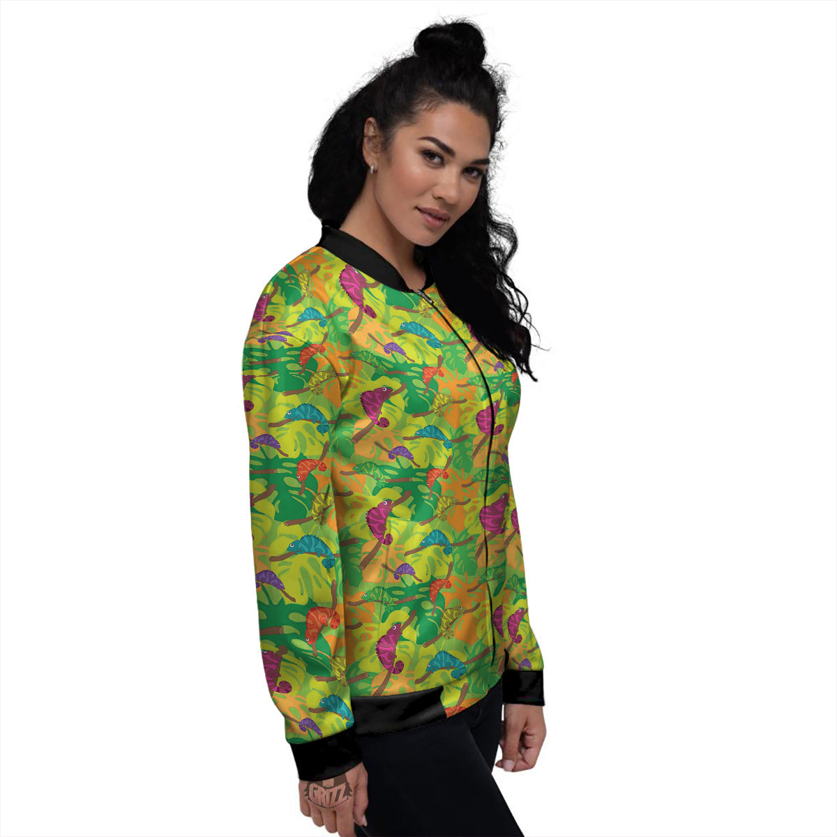 Colorful Chamaleon And Monstera Tropic Leave Print Pattern Women's Bomber Jacket-grizzshop