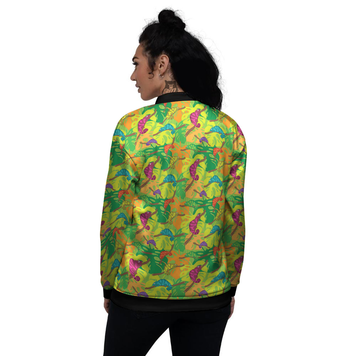 Colorful Chamaleon And Monstera Tropic Leave Print Pattern Women's Bomber Jacket-grizzshop