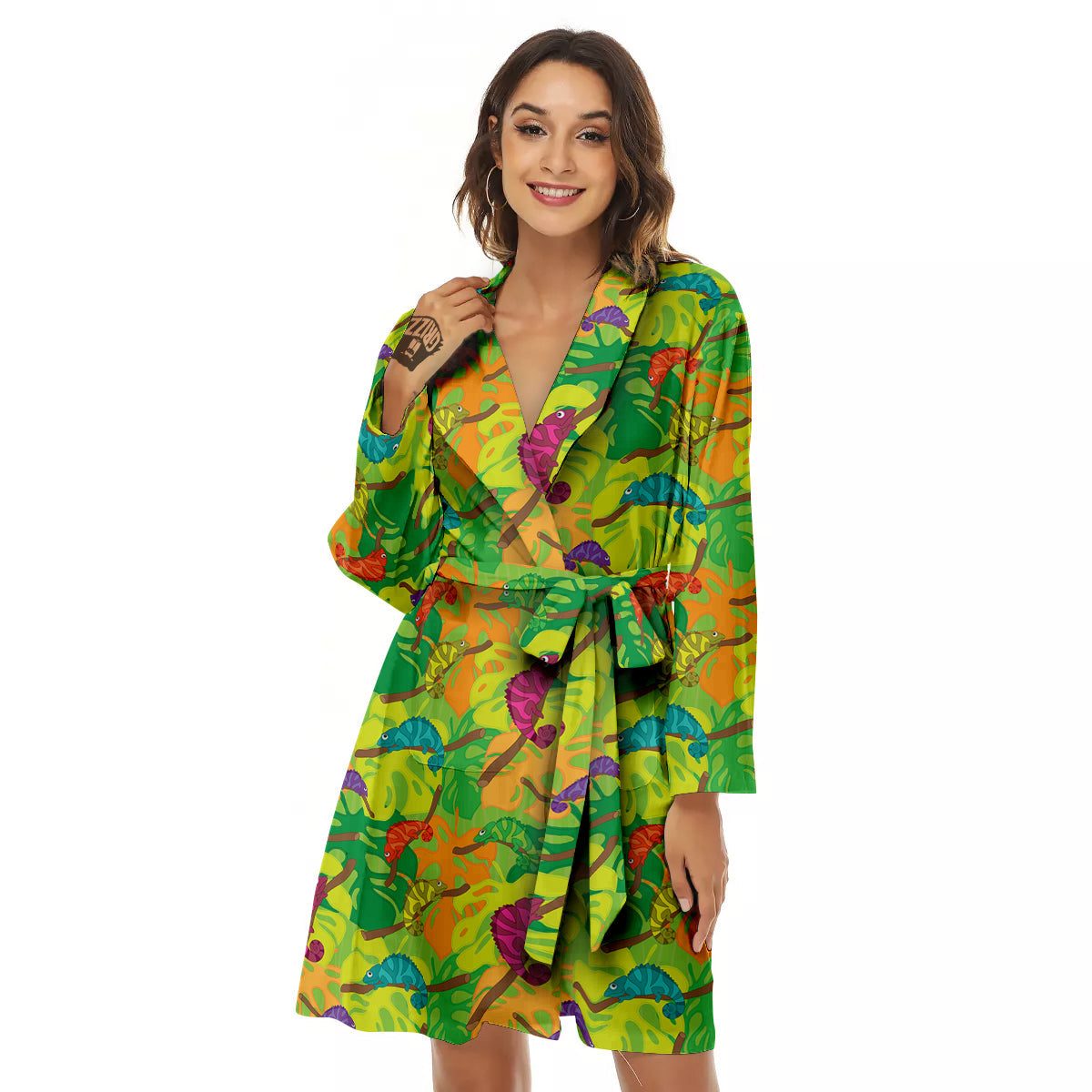 Colorful Chamaleon And Monstera Tropic Leave Print Pattern Women's Robe-grizzshop