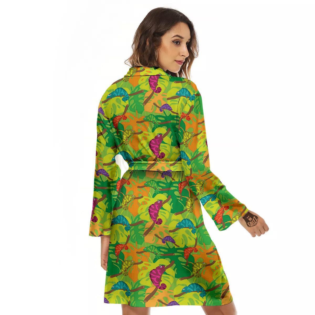 Colorful Chamaleon And Monstera Tropic Leave Print Pattern Women's Robe-grizzshop