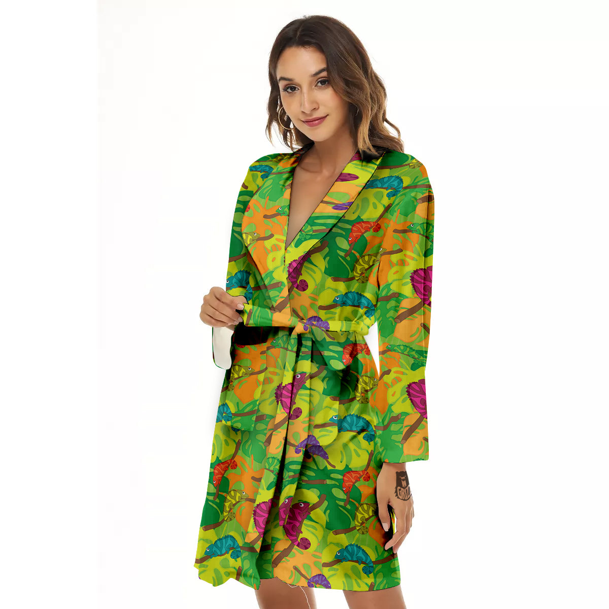 Colorful Chamaleon And Monstera Tropic Leave Print Pattern Women's Robe-grizzshop