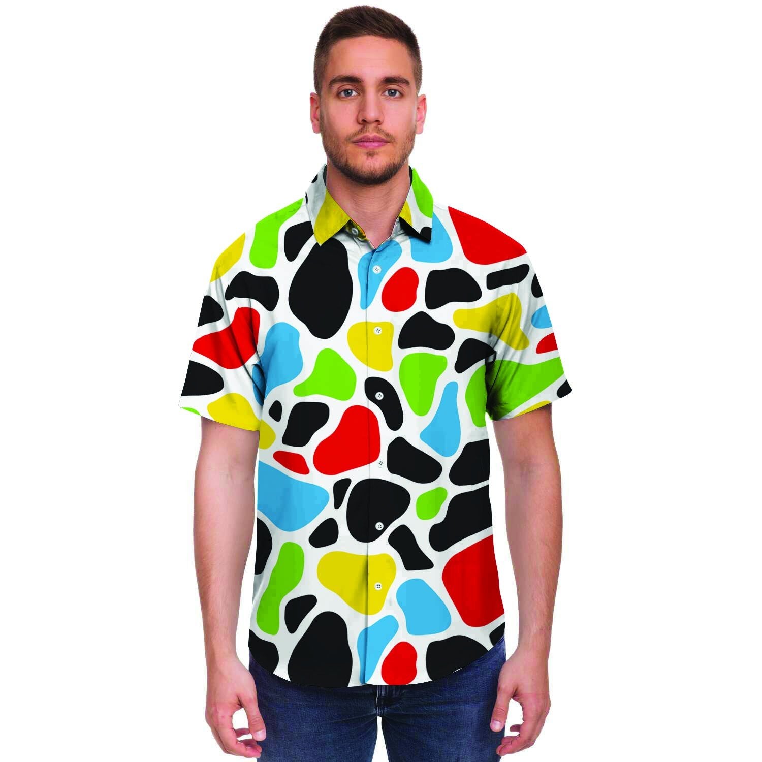 Colorful Cow Print Men's Short Sleeve Shirt-grizzshop