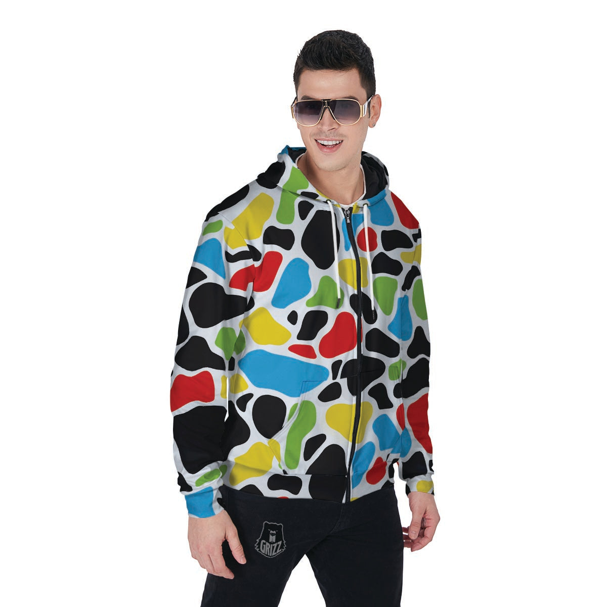 Colorful Cow Print Men's Zip Up Hoodie-grizzshop