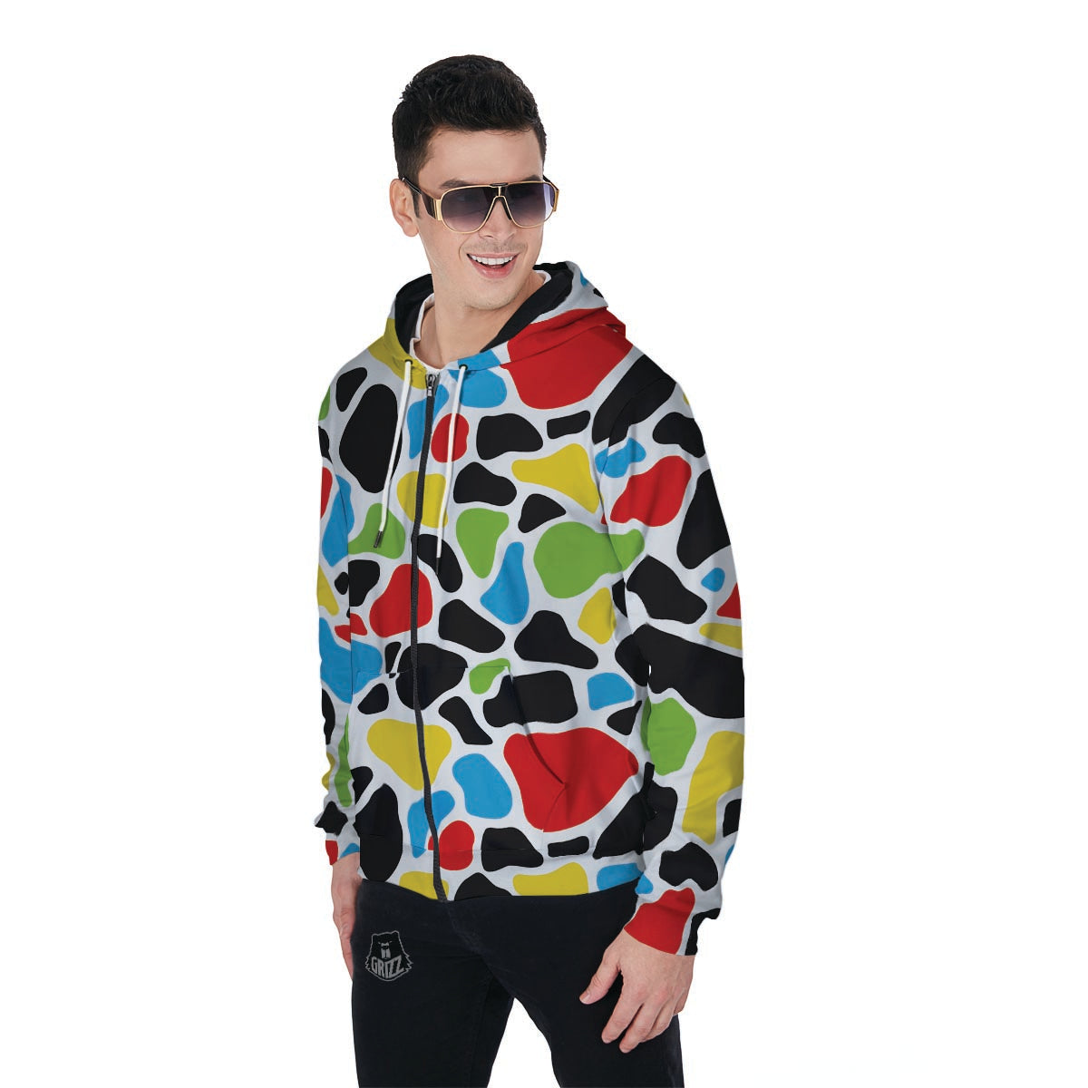 Colorful Cow Print Men's Zip Up Hoodie-grizzshop
