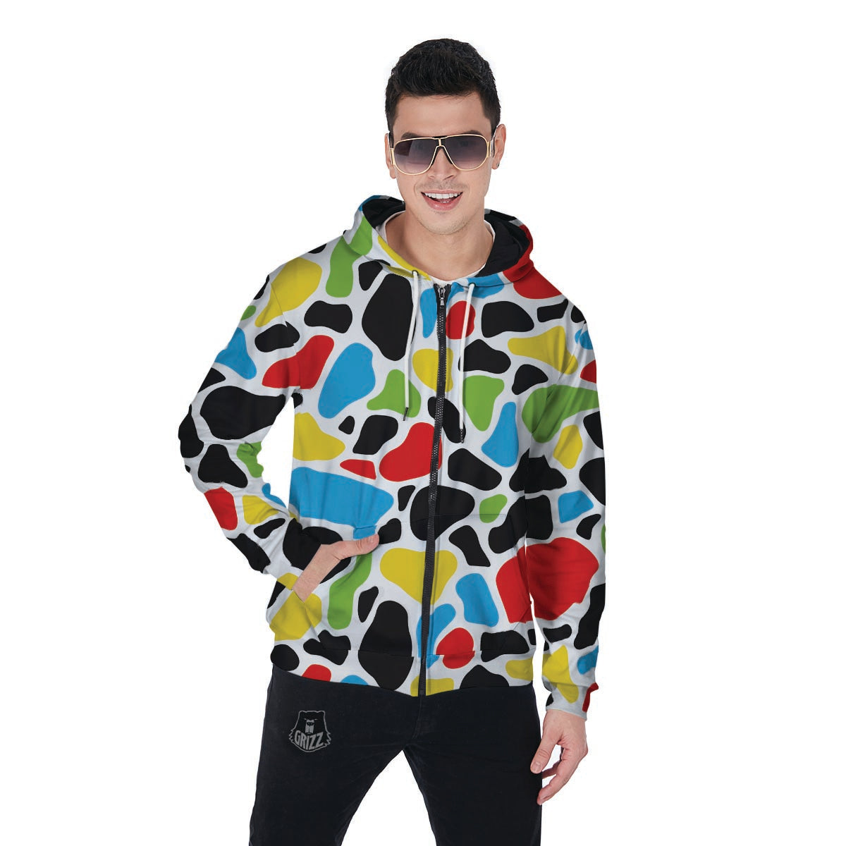Colorful Cow Print Men's Zip Up Hoodie-grizzshop