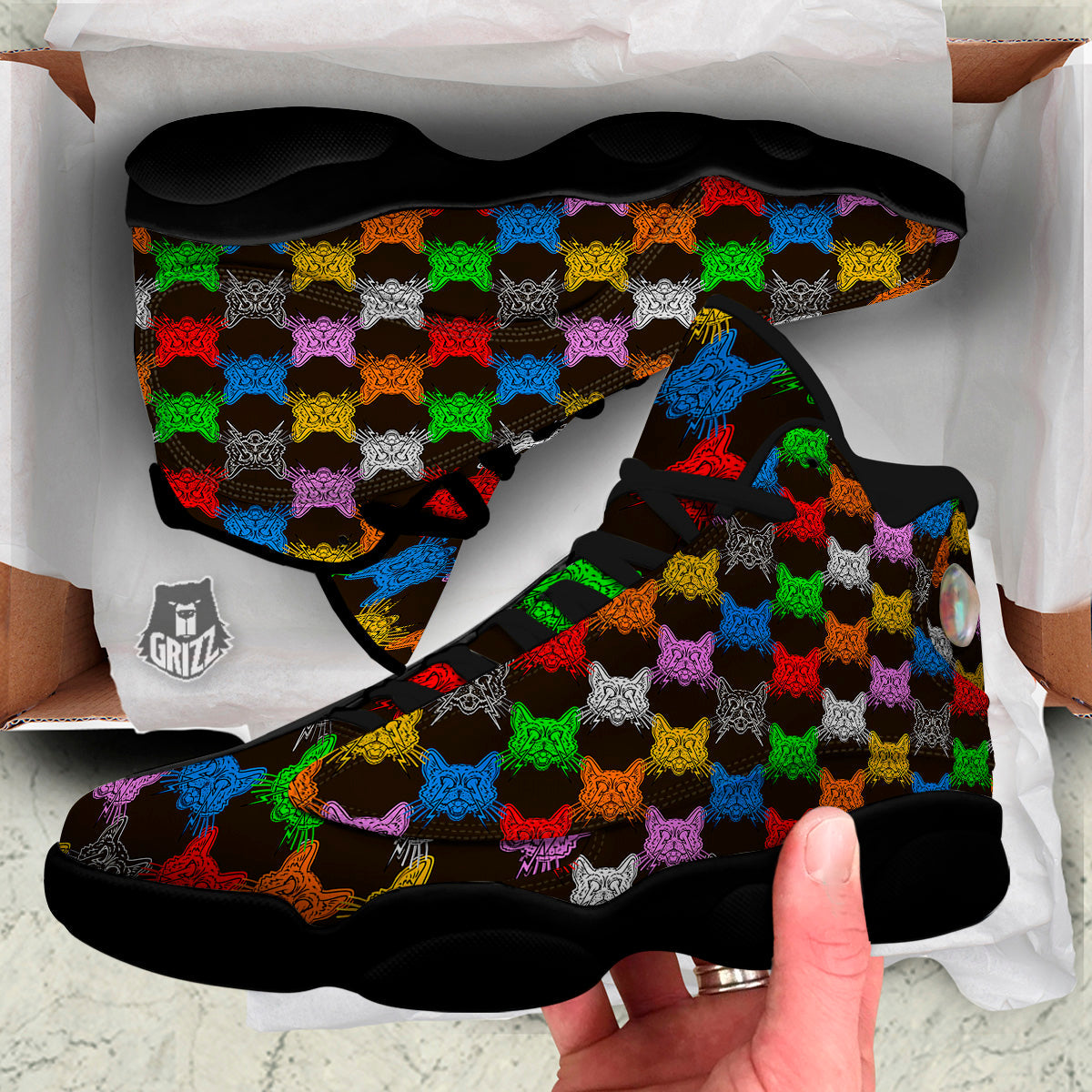 Colorful Crazy Cat Print Pattern Black Basketball Shoes-grizzshop