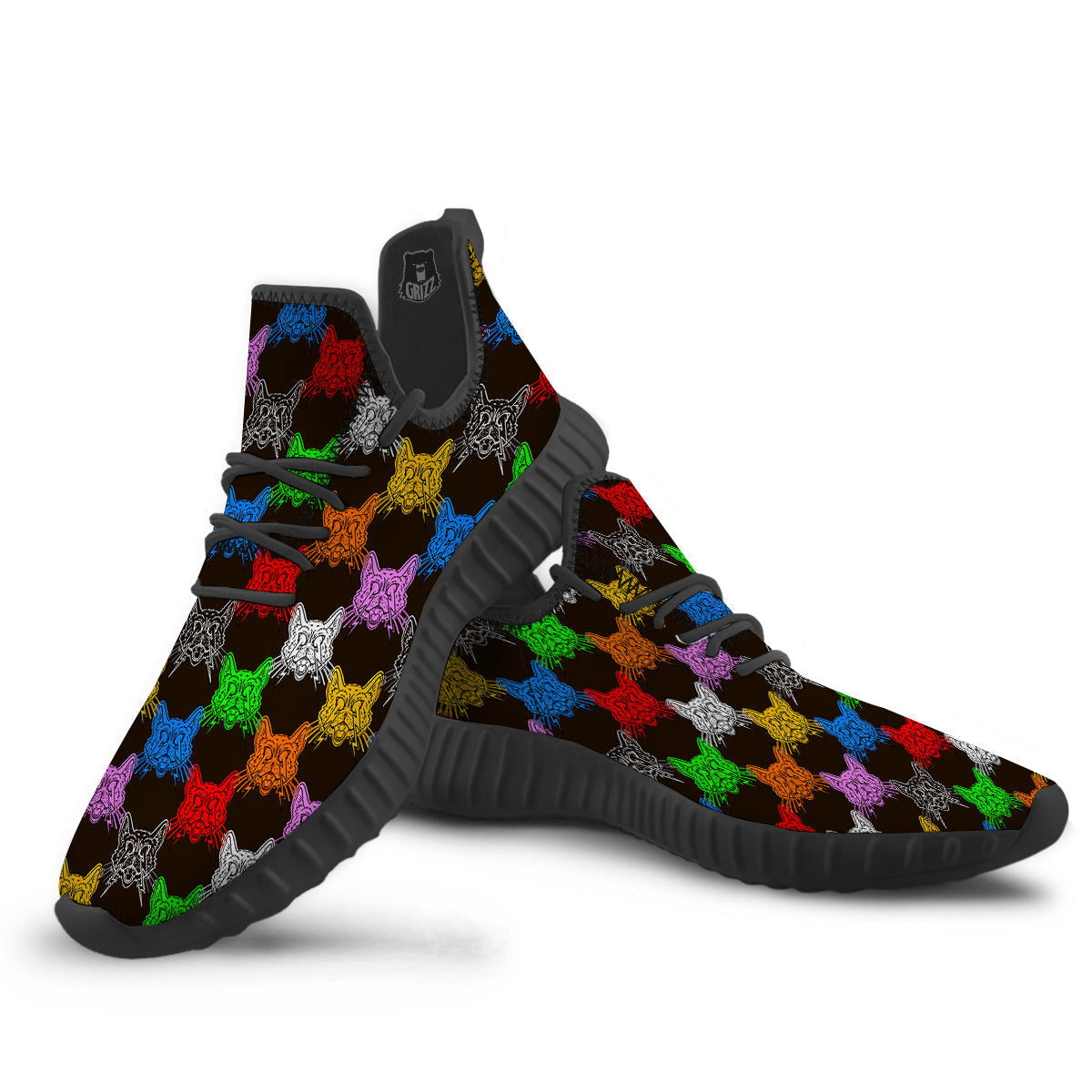 Colorful Crazy Cat Print Pattern Black Walking Shoes-grizzshop