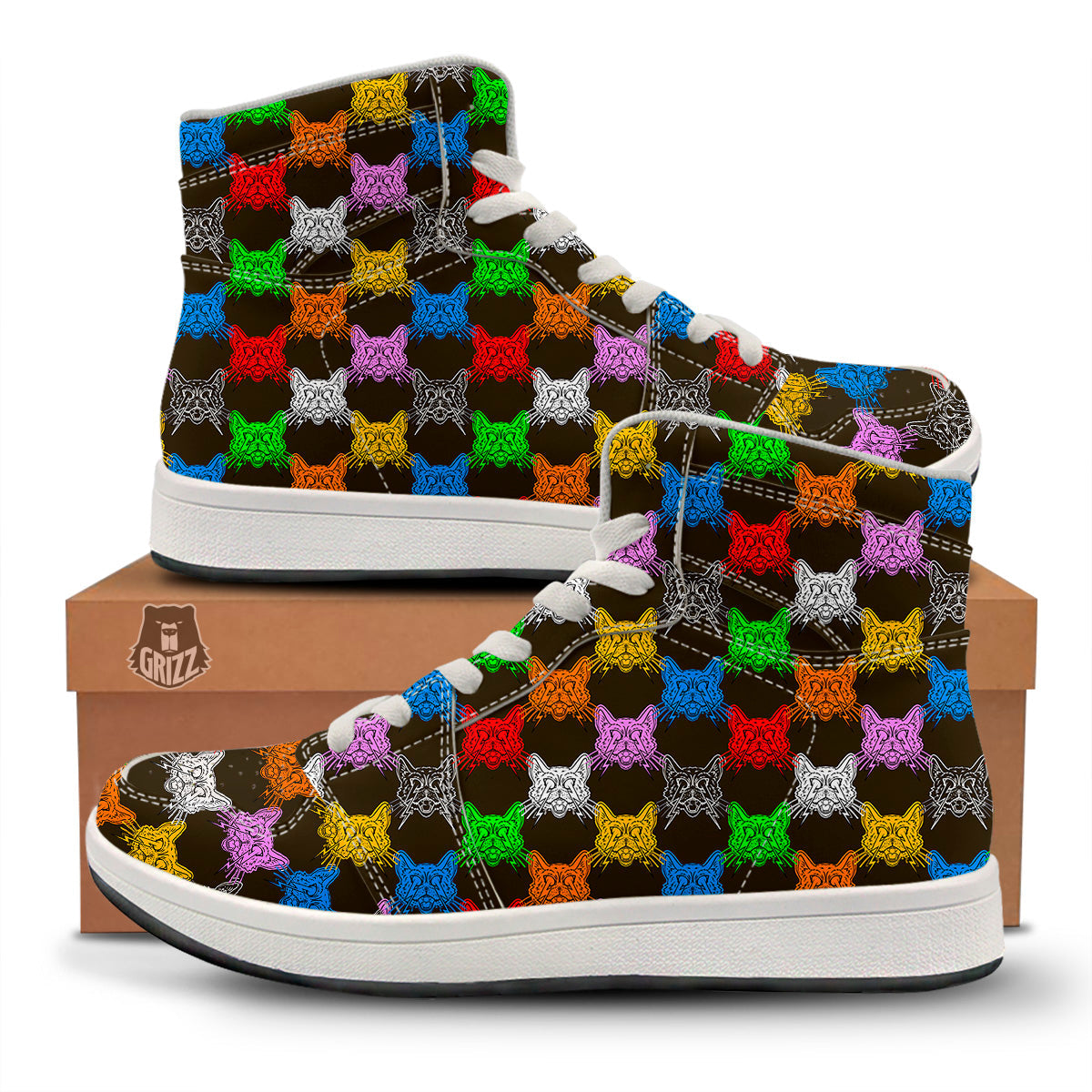 Colorful Crazy Cat Print Pattern High Top Sneakers-grizzshop