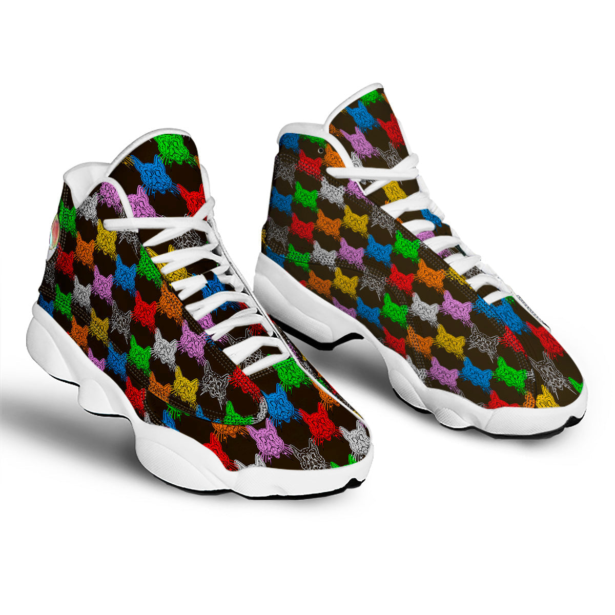 Colorful Crazy Cat Print Pattern White Basketball Shoes-grizzshop