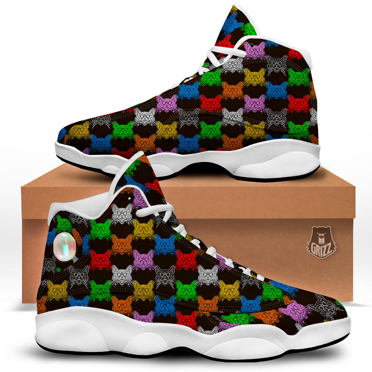Colorful Crazy Cat Print Pattern White Basketball Shoes-grizzshop