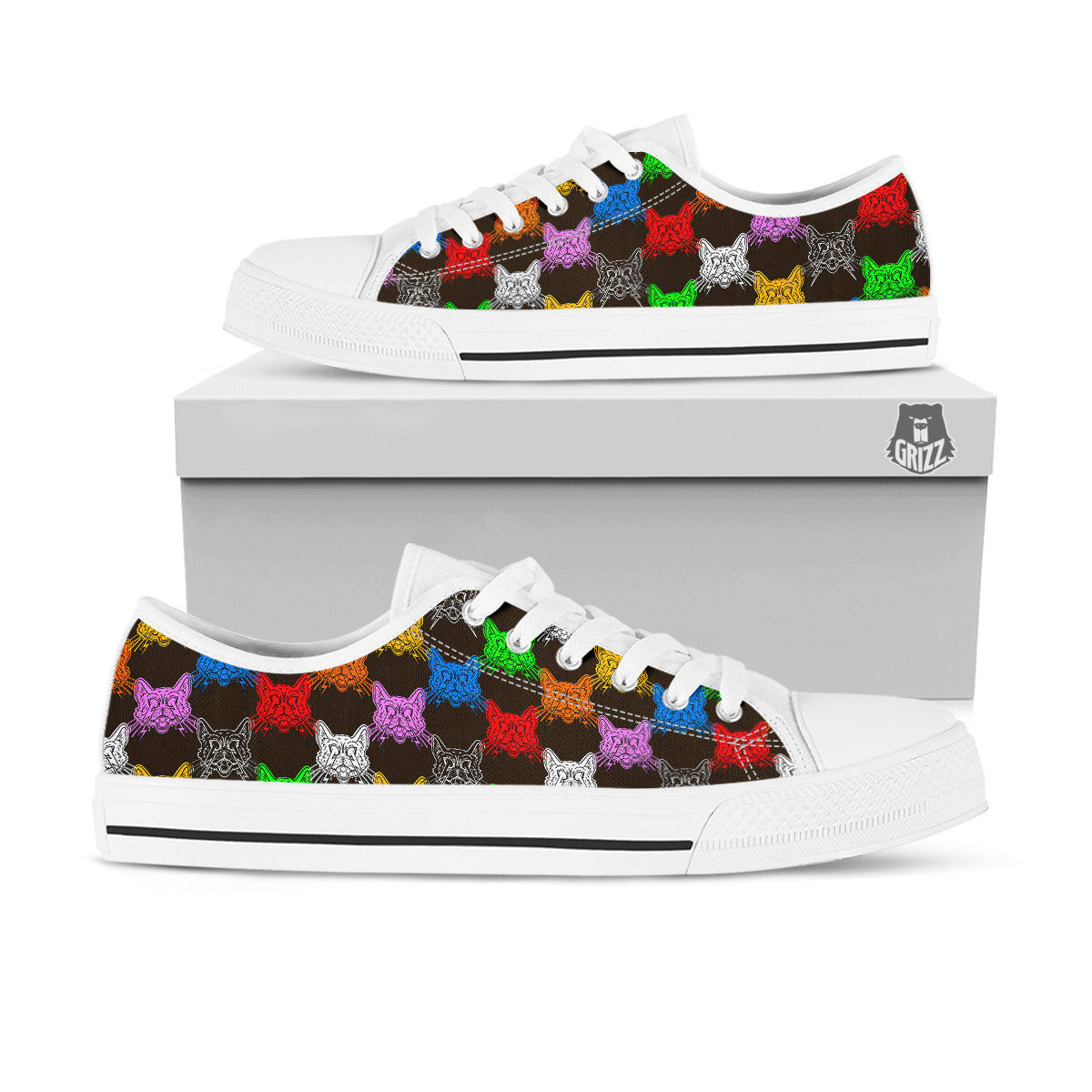 Colorful Crazy Cat Print Pattern White Low Top Shoes-grizzshop
