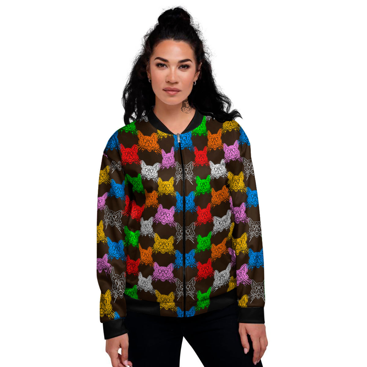 Colorful Crazy Cat Print Pattern Women's Bomber Jacket-grizzshop