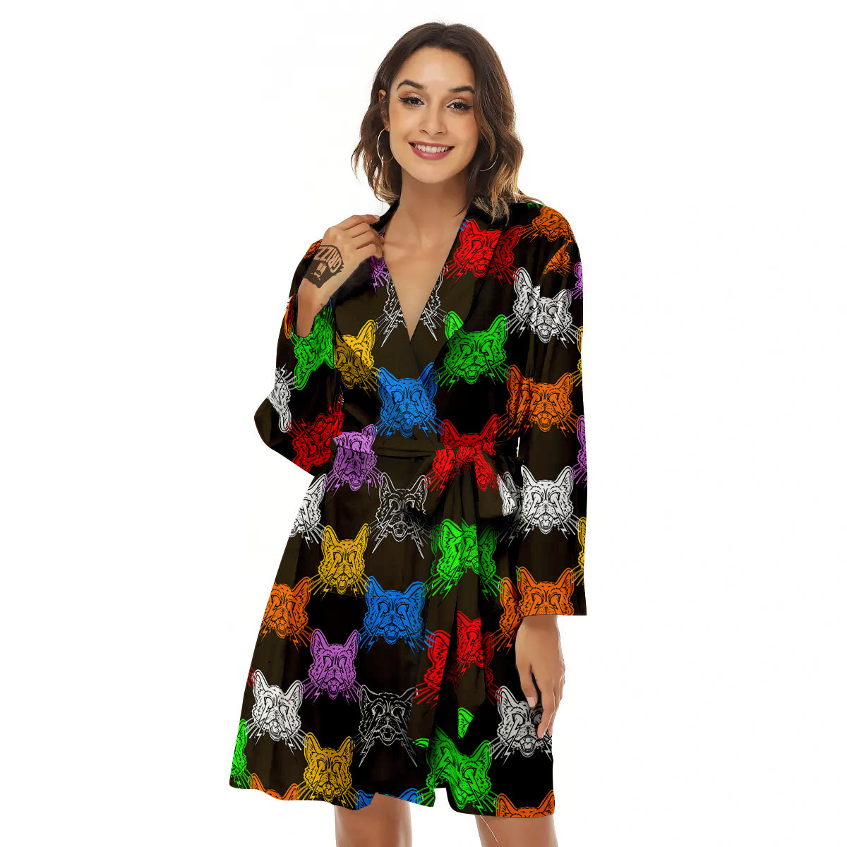 Colorful Crazy Cat Print Pattern Women's Robe-grizzshop