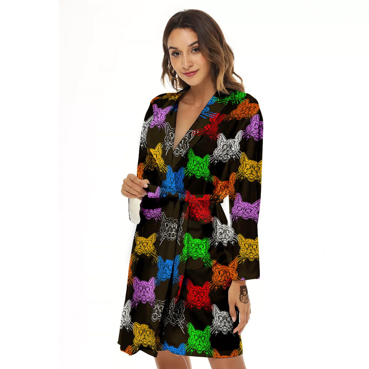 Colorful Crazy Cat Print Pattern Women's Robe-grizzshop