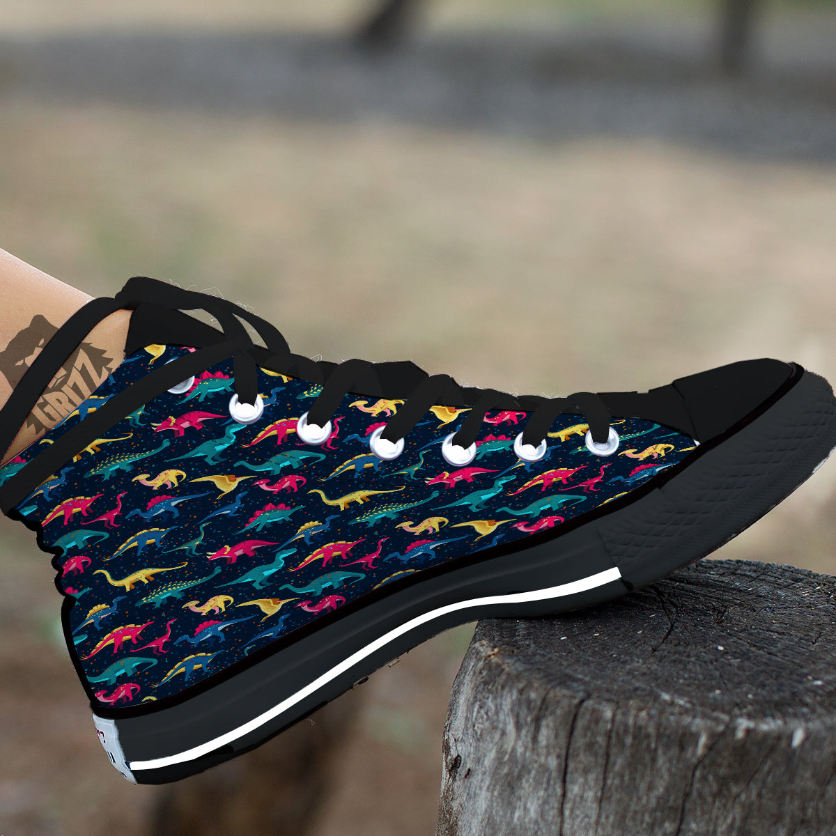 Colorful Cute Dinosaurs Print Pattern Black High Top Shoes-grizzshop