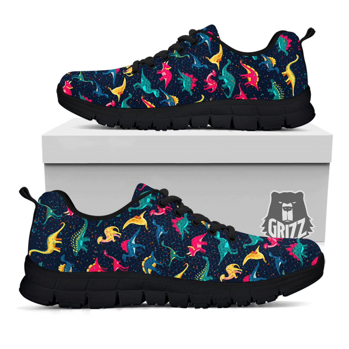 Colorful Cute Dinosaurs Print Pattern Black Sneaker-grizzshop
