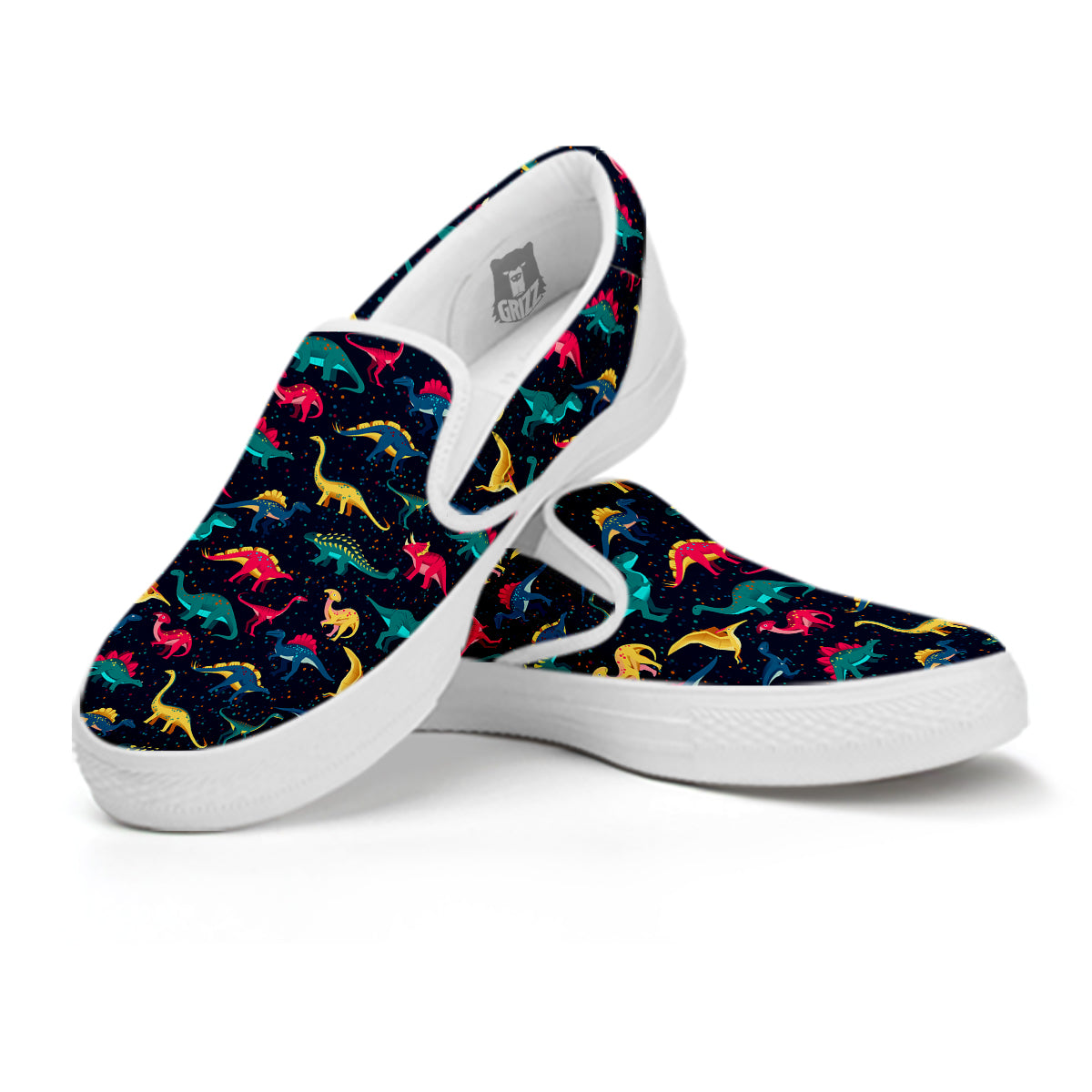 Colorful Cute Dinosaurs Print Pattern White Slip On Shoes-grizzshop