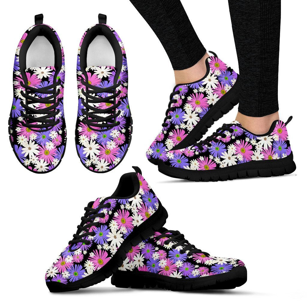 Colorful Daisy Pattern Print Black Sneaker Shoes For Men Women-grizzshop