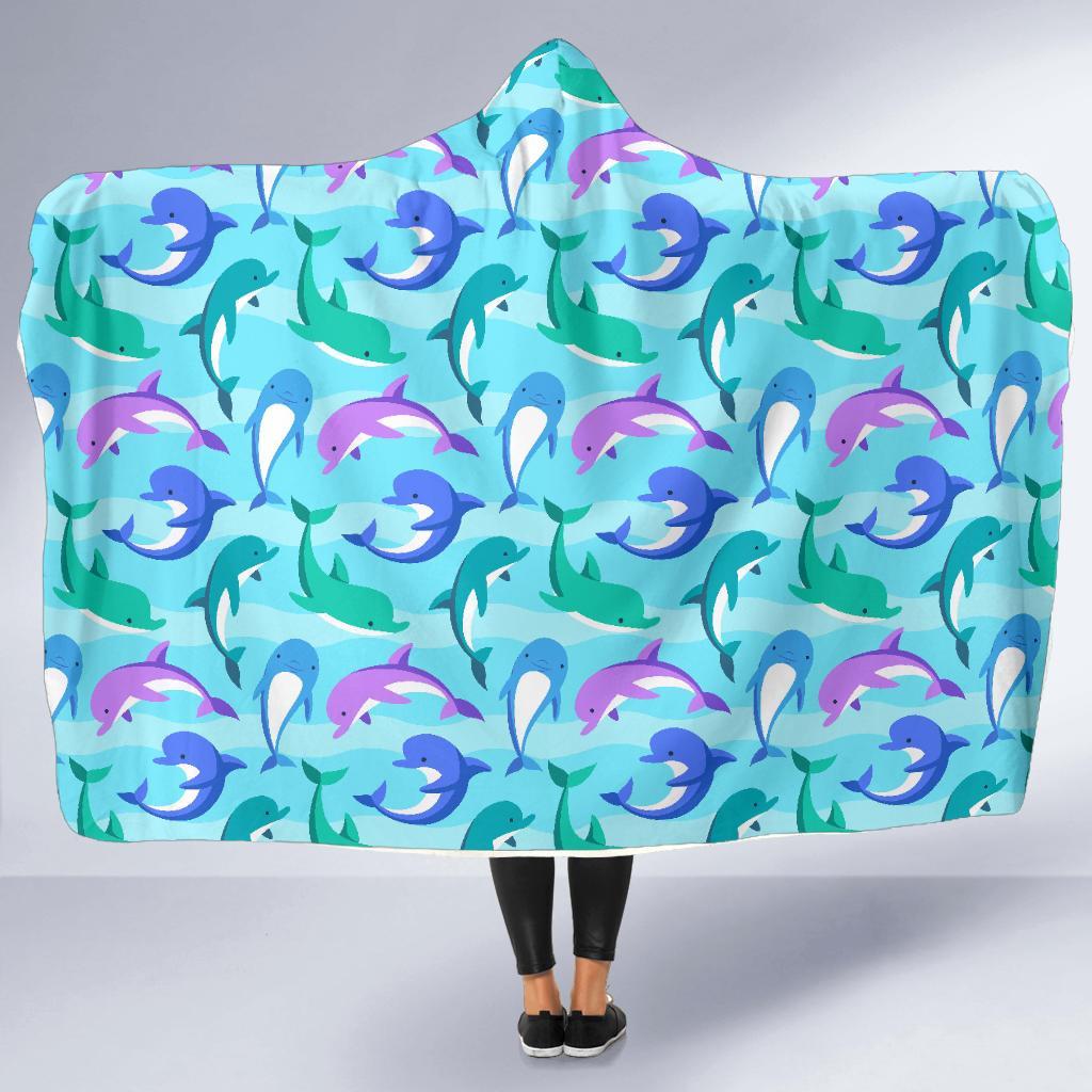 Colorful Dolphin Pattern Print Hooded Blanket-grizzshop