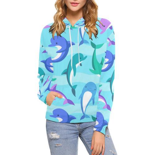 Colorful Dolphin Pattern Print Women Pullover Hoodie-grizzshop