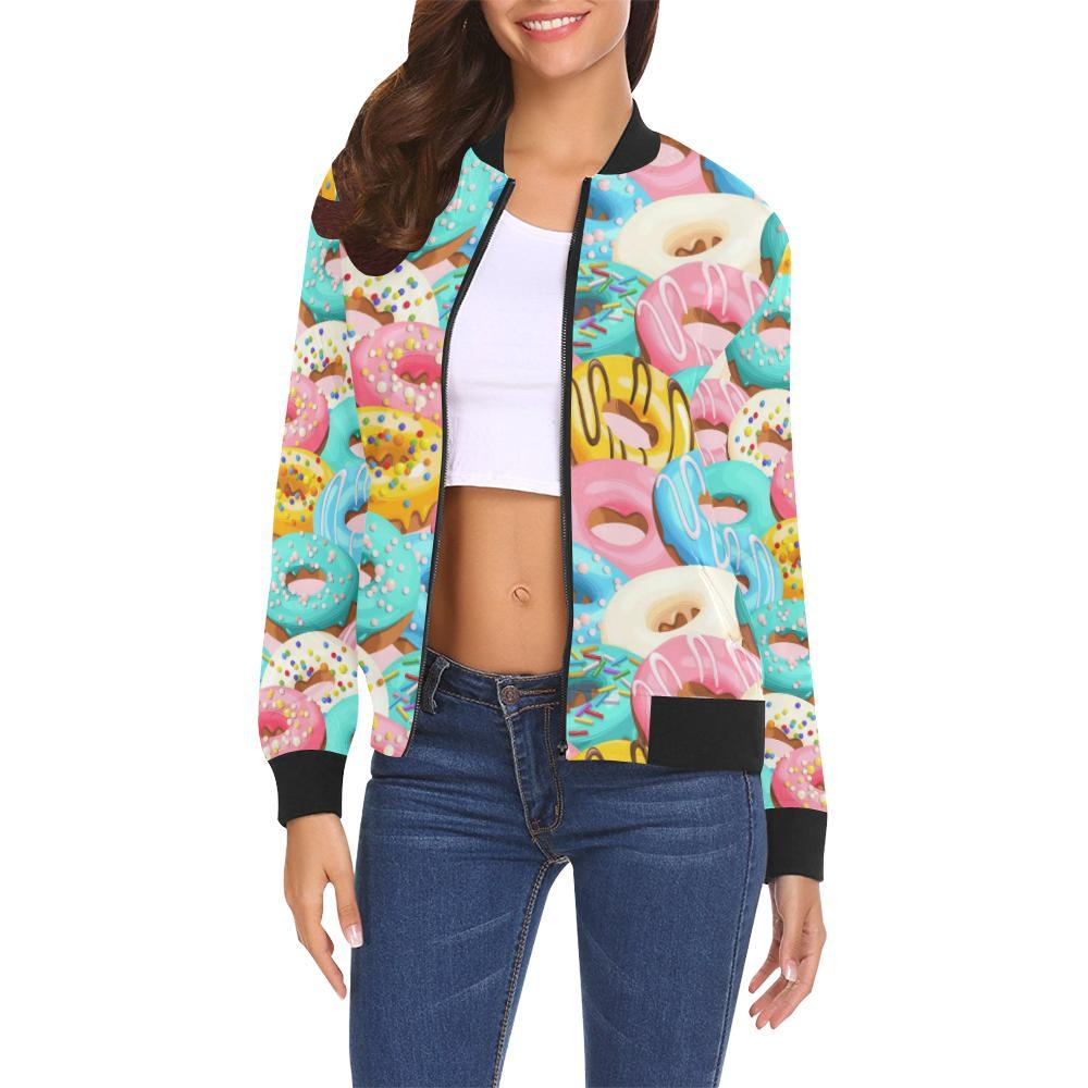 Colorful Donut Pattern Print Women Casual Bomber Jacket-grizzshop